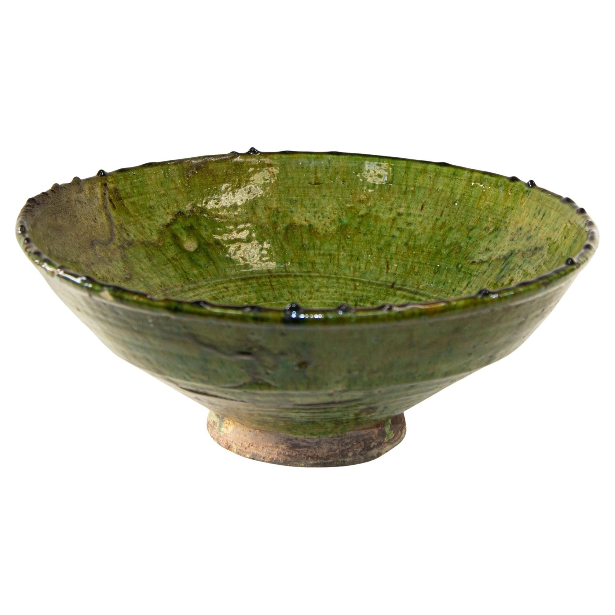 Vintage Moroccan Tamgroute Bowl Green Glazed Terra Cotta For Sale