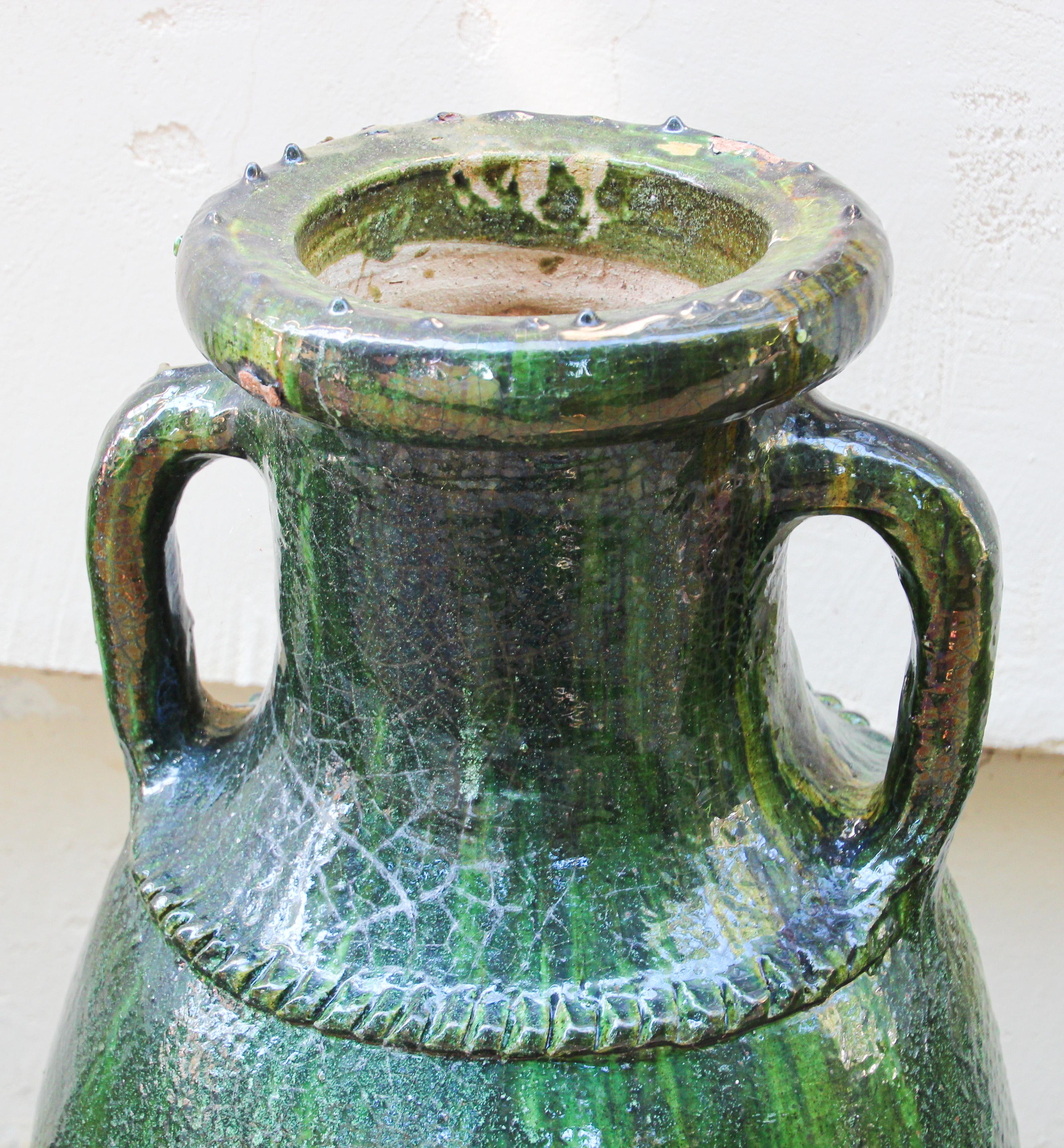Tribal Vintage Moroccan Tamgroute Green Olive Jar with Handles For Sale