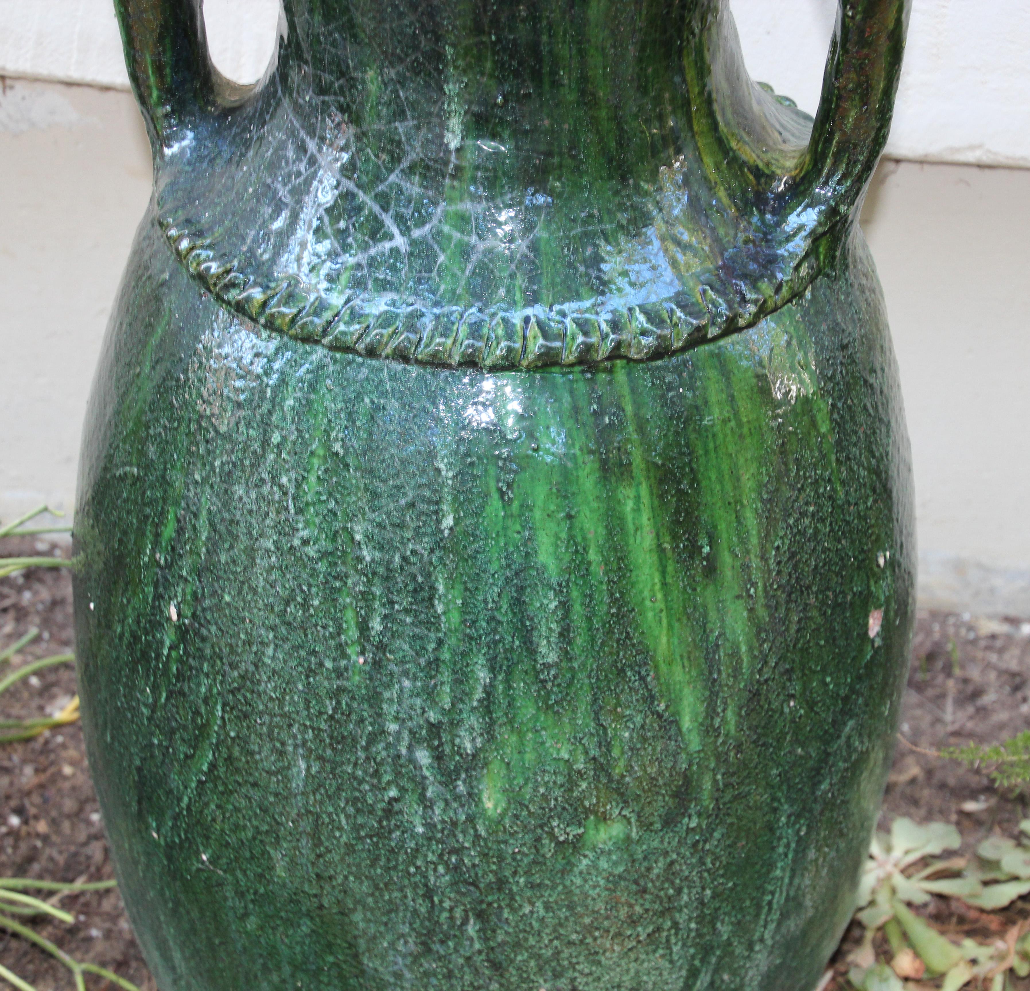 Glazed Vintage Moroccan Tamgroute Green Olive Jar with Handles For Sale