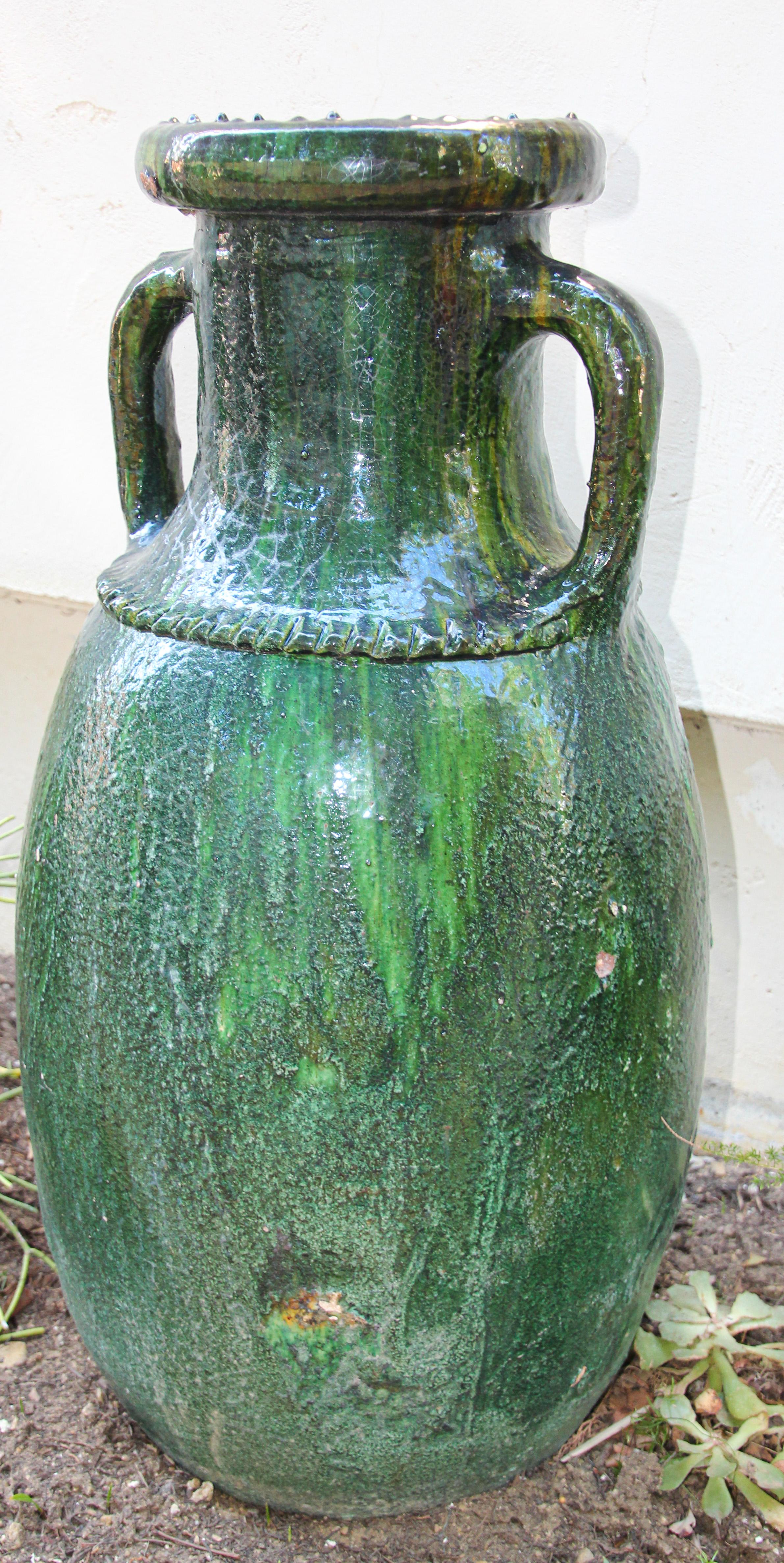 Vintage Moroccan Tamgroute Green Olive Jar with Handles In Fair Condition For Sale In North Hollywood, CA