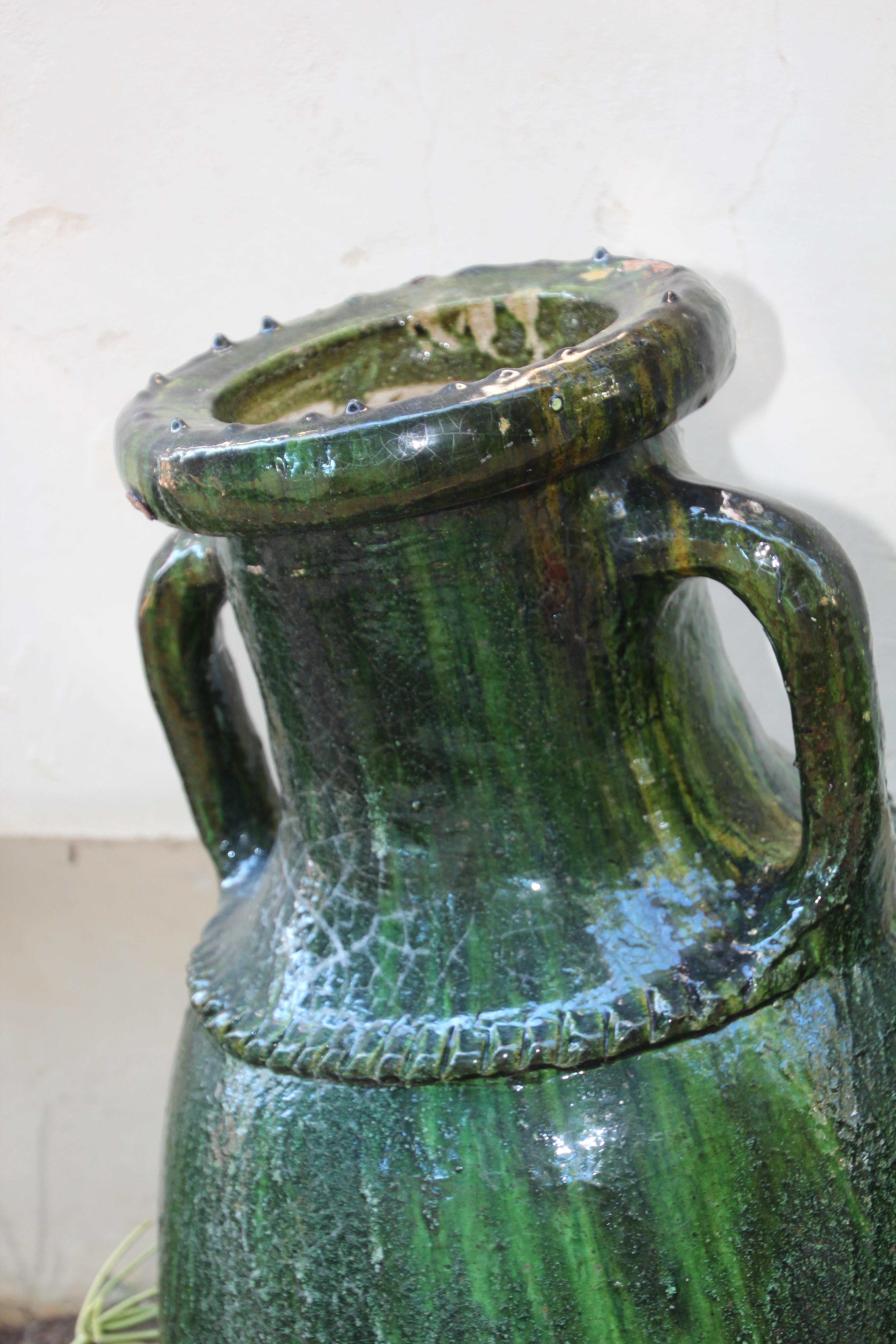 20th Century Vintage Moroccan Tamgroute Green Olive Jar with Handles For Sale