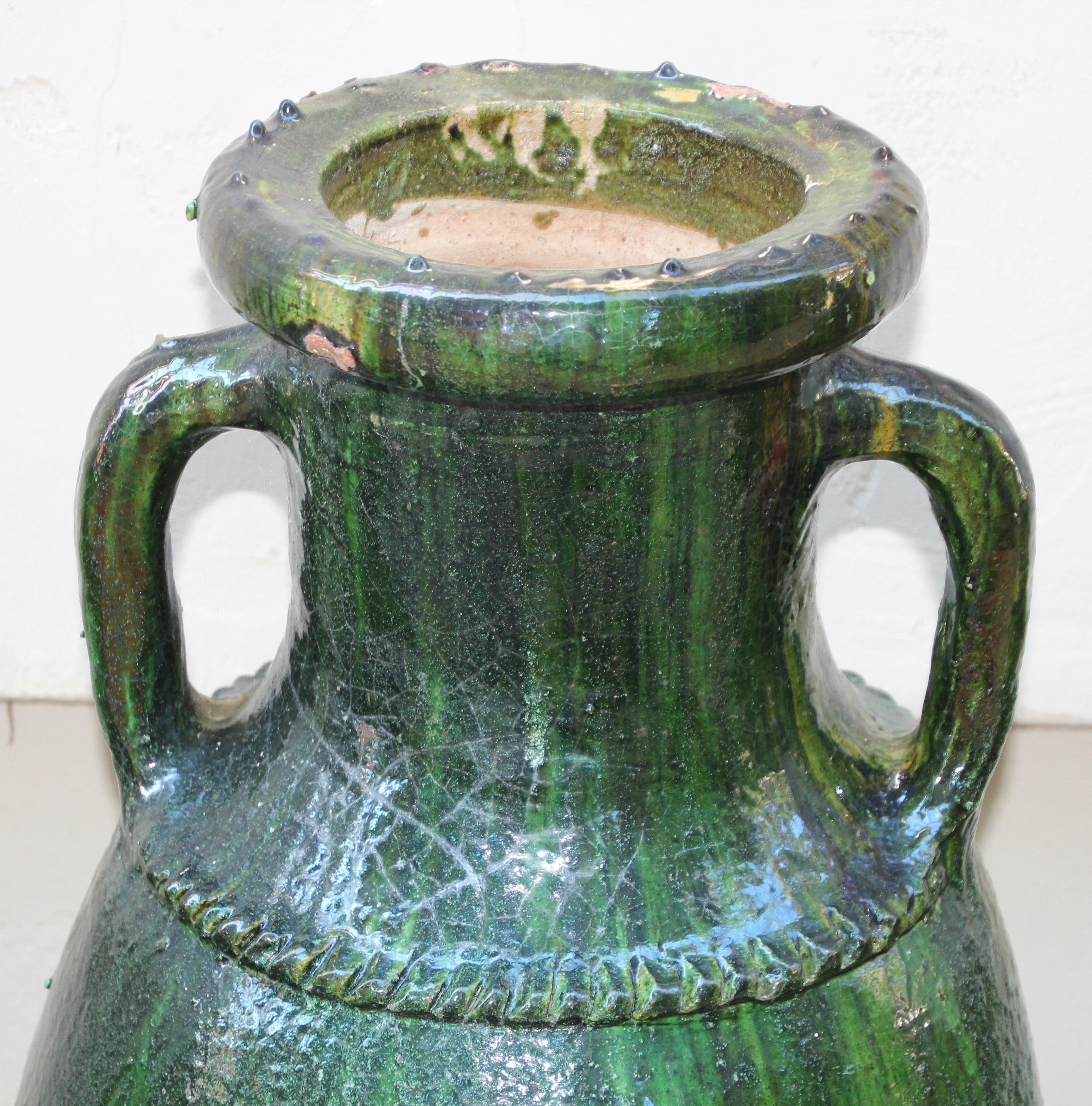 Earthenware Vintage Moroccan Tamgroute Green Olive Jar with Handles For Sale
