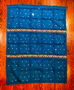 Vintage Moroccan Tapestry Throw Rug, Turquoise Blue with Shiny Sequins Boho Chic