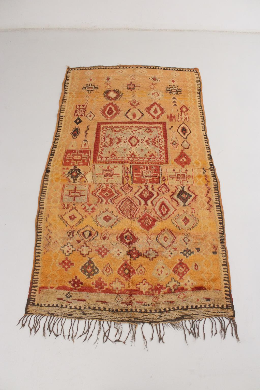 Dieser seltene Vintage-Teppich wurde in der Gegend von Taznakht, Marokko, hergestellt.

Die Hauptfarbe würde ich 