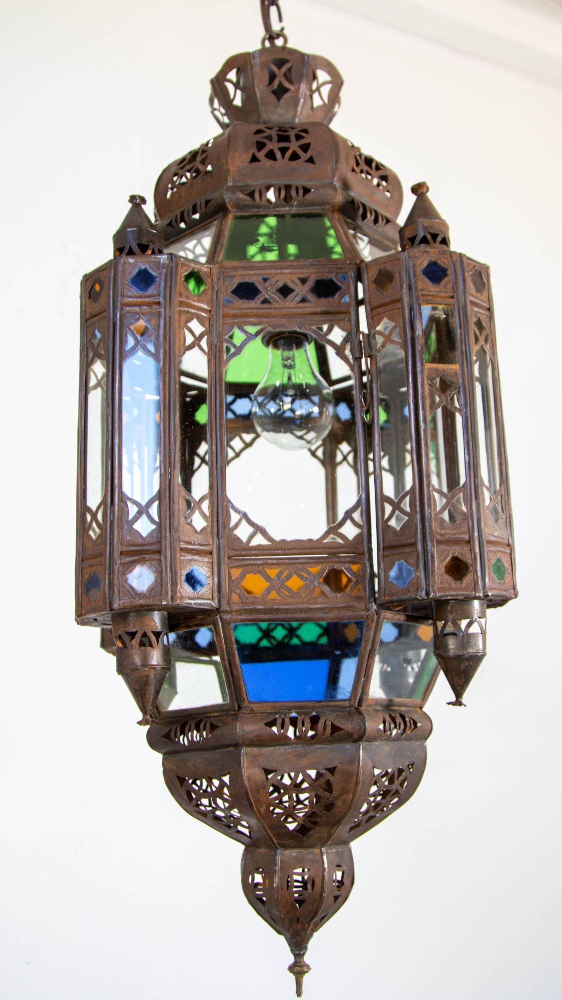 Vintage Moroccan Traditional Moorish Metal and Glass Lantern Ceiling Light For Sale 5