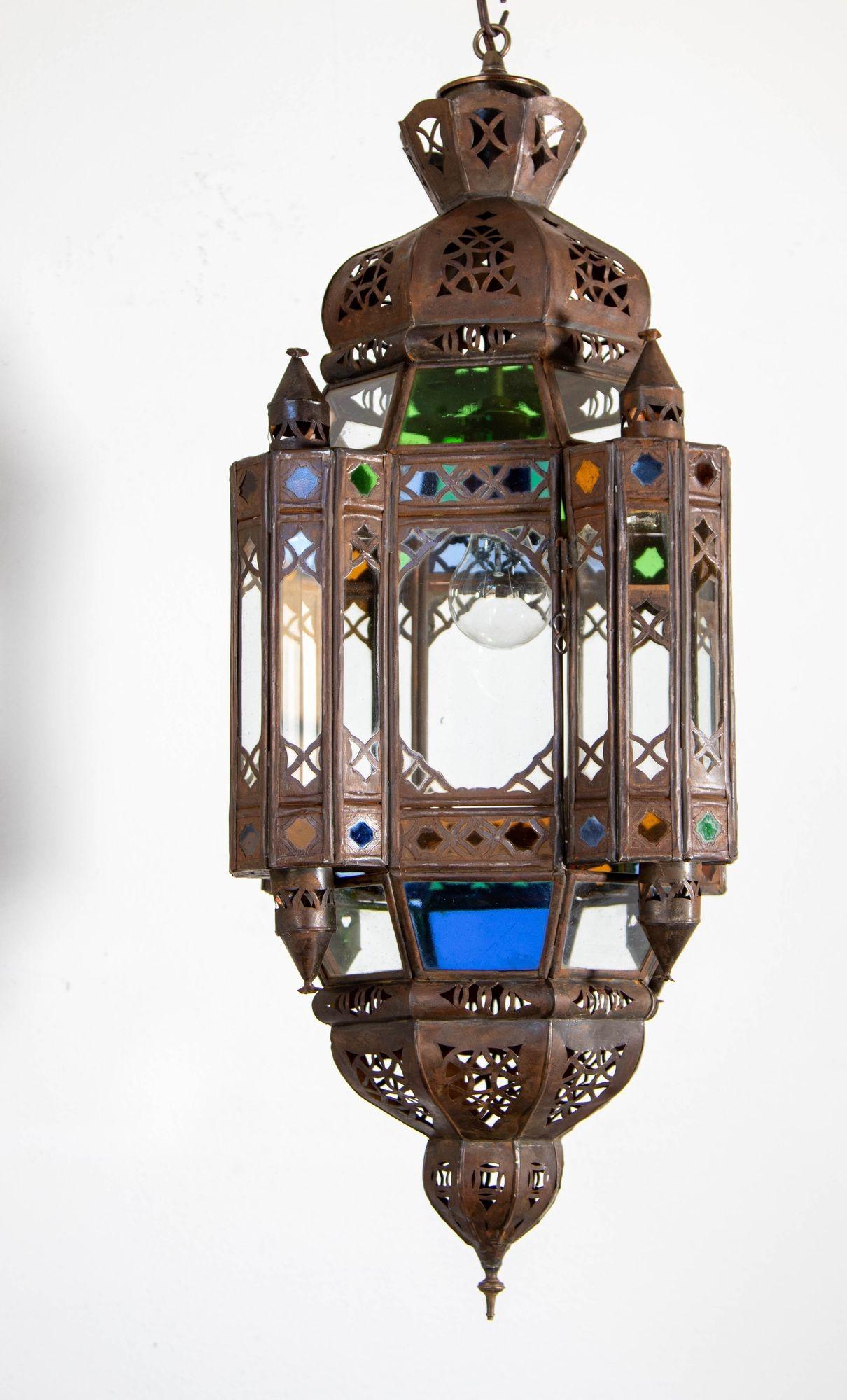 Vintage Moroccan Traditional Moorish Metal and Glass Lantern Ceiling Light For Sale 6