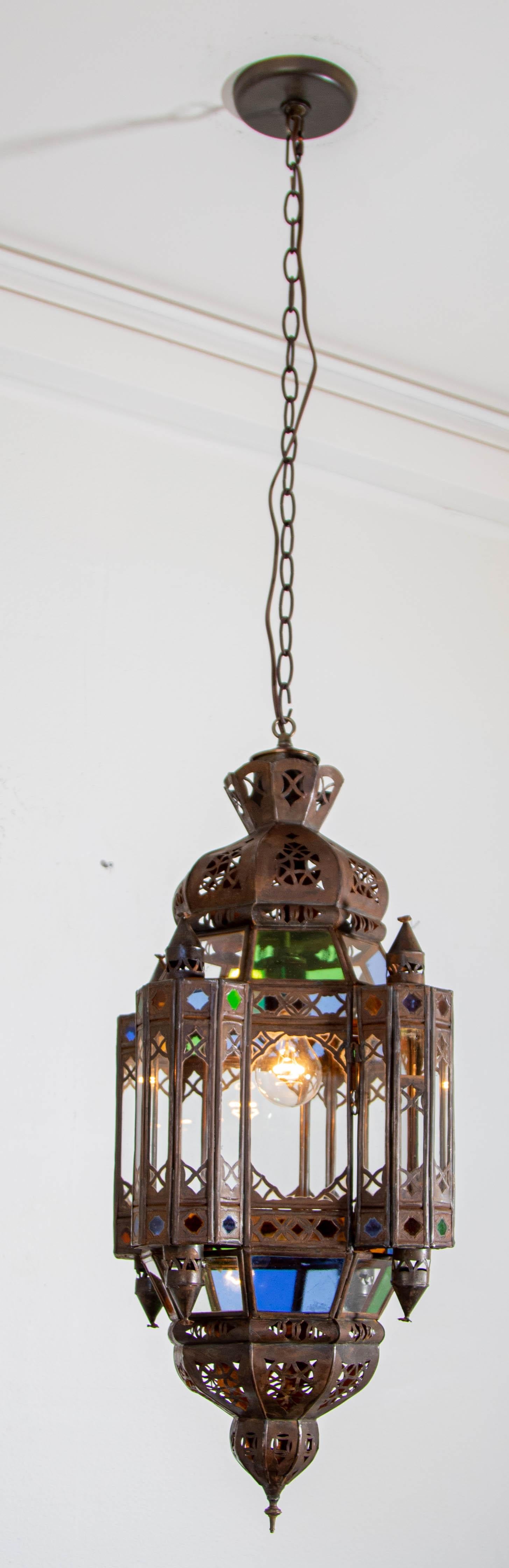 Vintage Moroccan Traditional Moorish Metal and Glass Lantern Ceiling Light For Sale 7