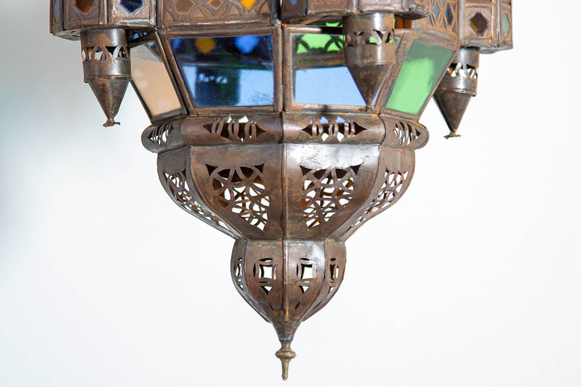 Vintage Moroccan Traditional Moorish Metal and Glass Lantern Ceiling Light For Sale 8