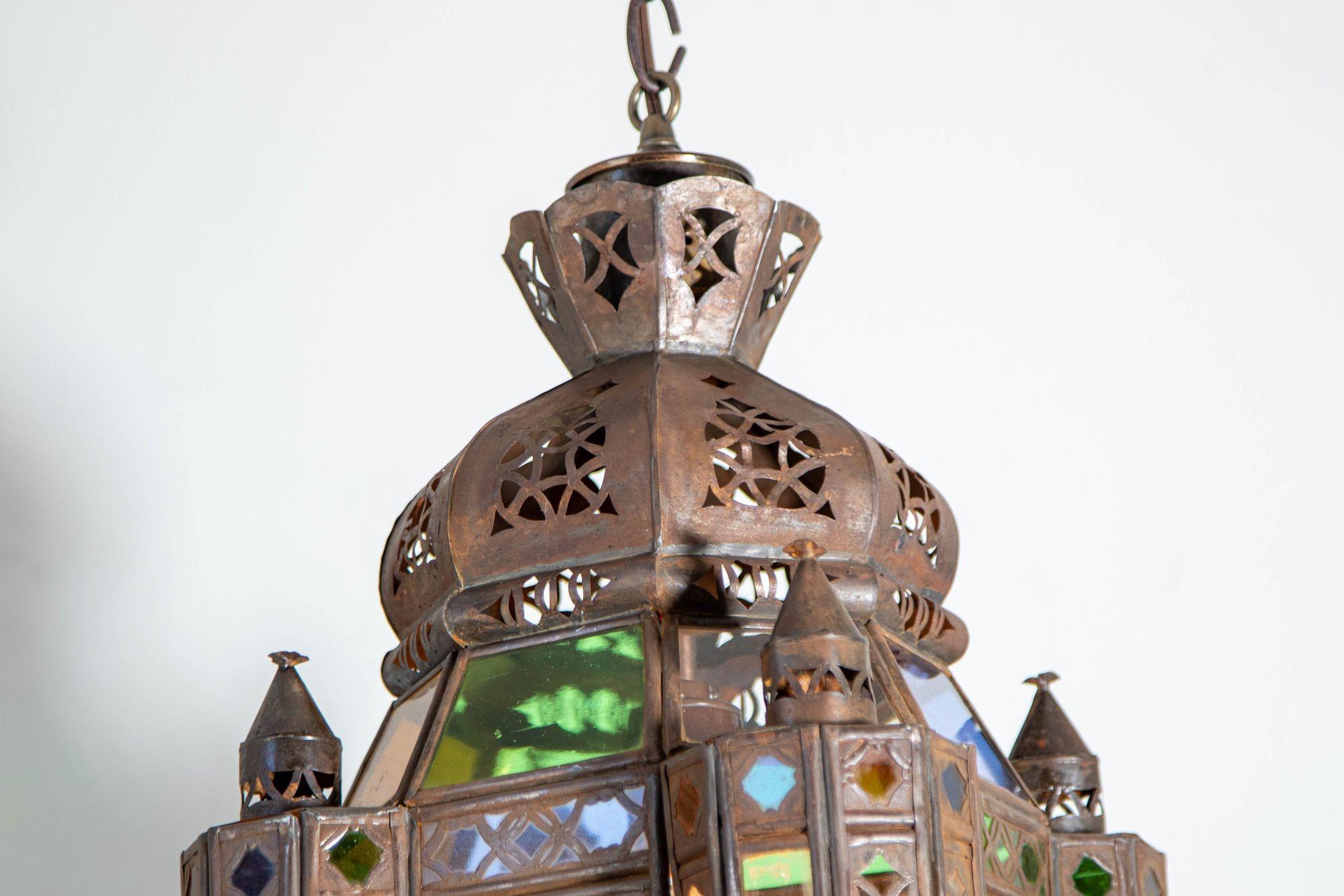 Vintage Moroccan Traditional Moorish Metal and Glass Lantern Ceiling Light For Sale 9