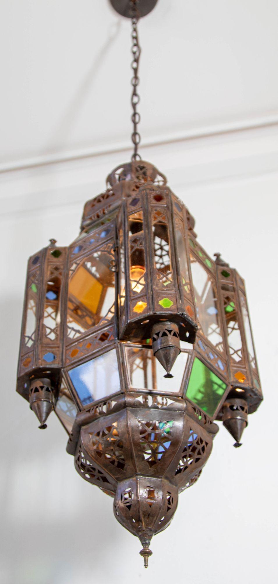 Vintage Moroccan Traditional Moorish Metal and Glass Lantern Ceiling Light For Sale 10