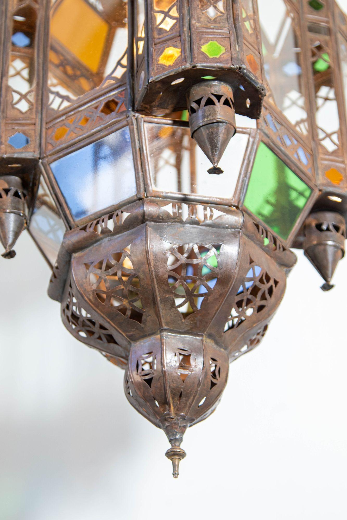 Vintage Moroccan Traditional Moorish Metal and Glass Lantern Ceiling Light For Sale 11