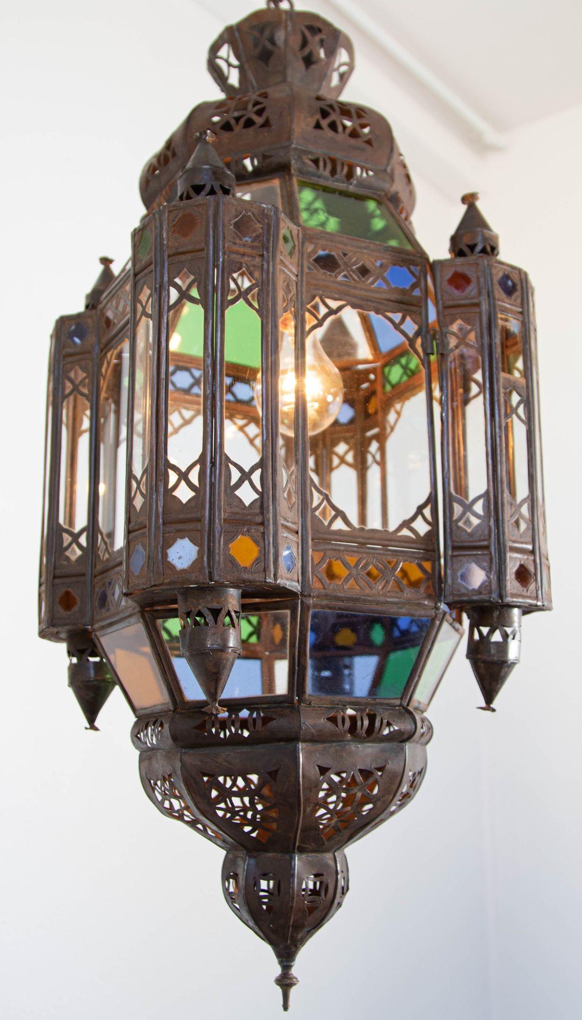 Vintage Moroccan Traditional Moorish Metal and Glass Lantern Ceiling Light For Sale 12