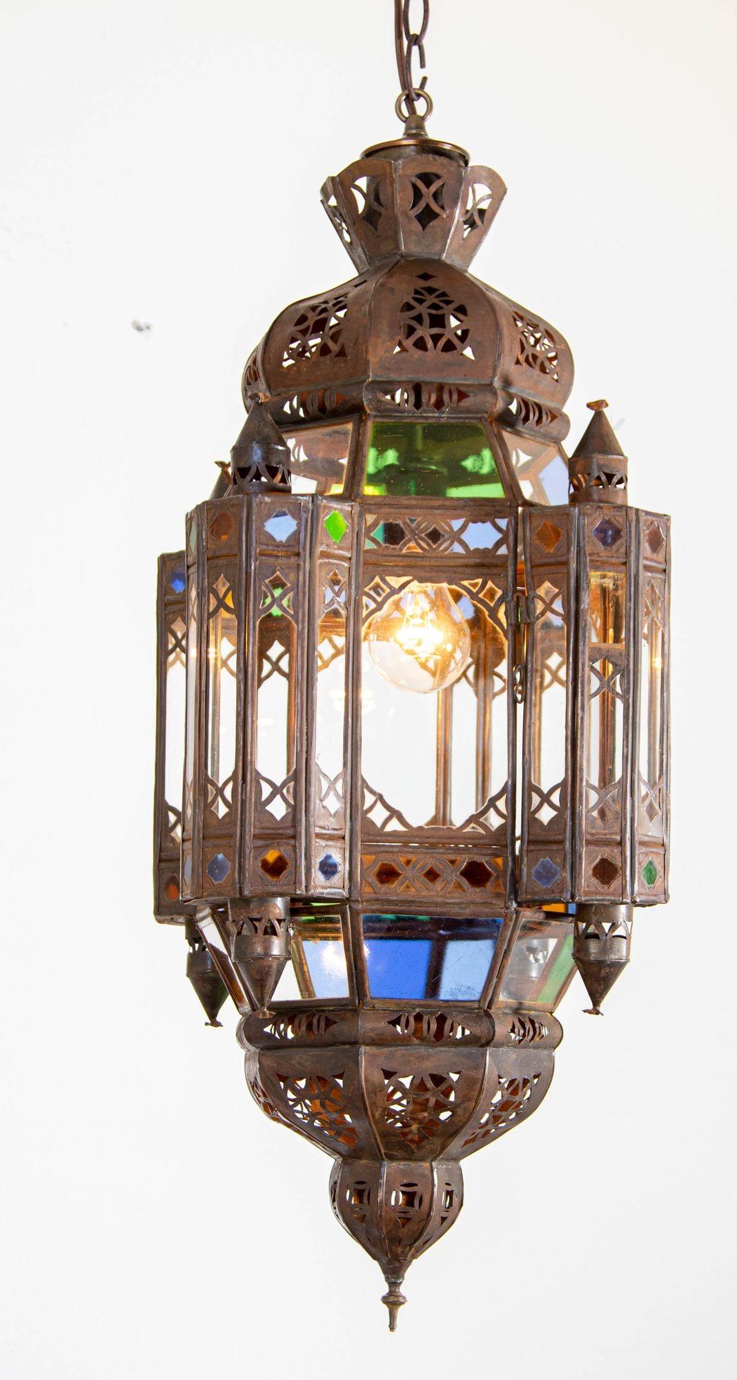 Vintage Moroccan Traditional Moorish Metal and Glass Lantern Ceiling Light For Sale 13