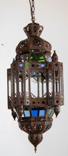Vintage Moroccan Traditional Moorish Metal and Glass Lantern Ceiling Light