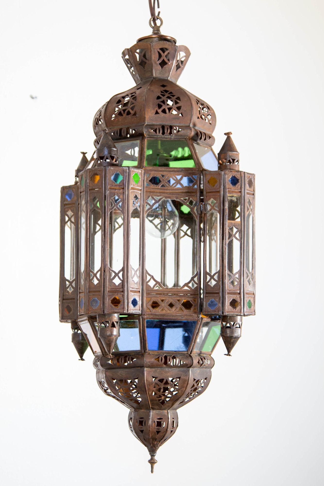 Hand-Crafted Vintage Moroccan Traditional Moorish Metal and Glass Lantern Ceiling Light For Sale