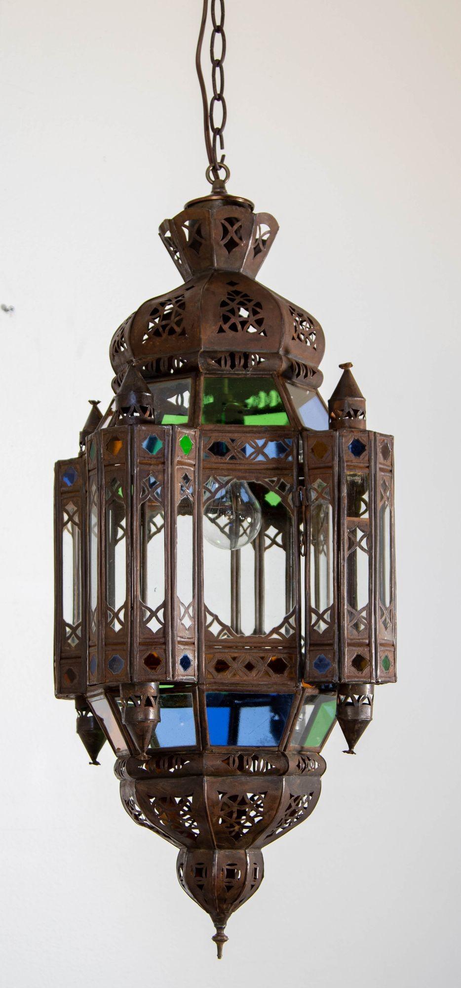 Vintage Moroccan Traditional Moorish Metal and Glass Lantern Ceiling Light In Good Condition For Sale In North Hollywood, CA