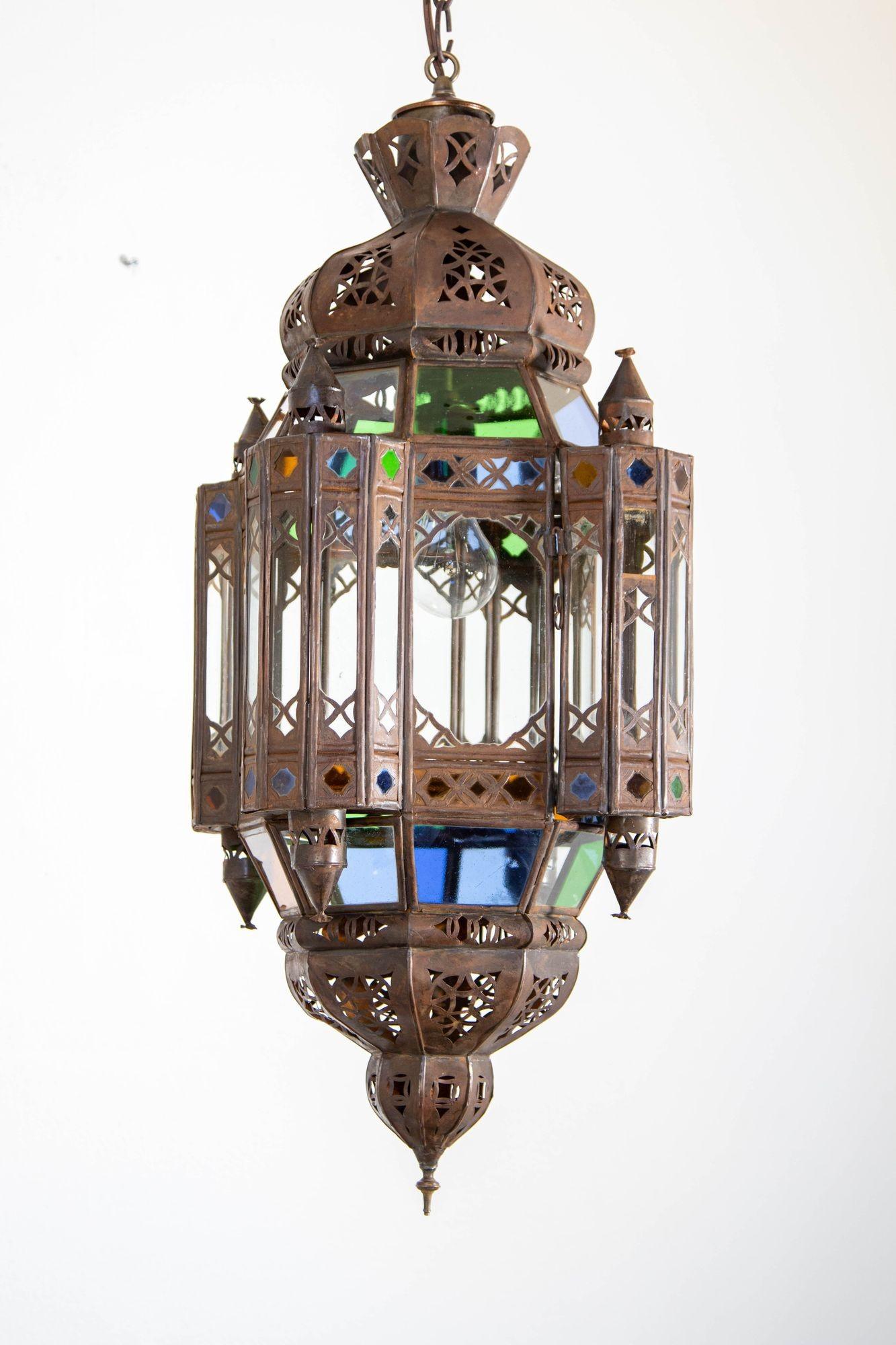 20th Century Vintage Moroccan Traditional Moorish Metal and Glass Lantern Ceiling Light For Sale
