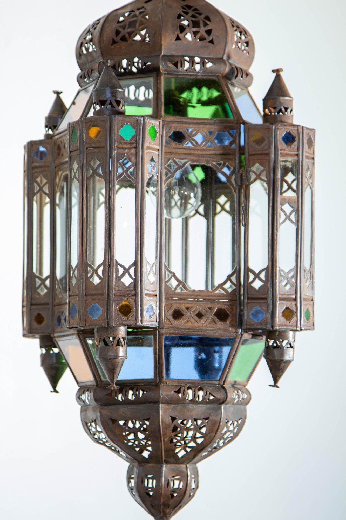 Vintage Moroccan Traditional Moorish Metal and Glass Lantern Ceiling Light For Sale 1