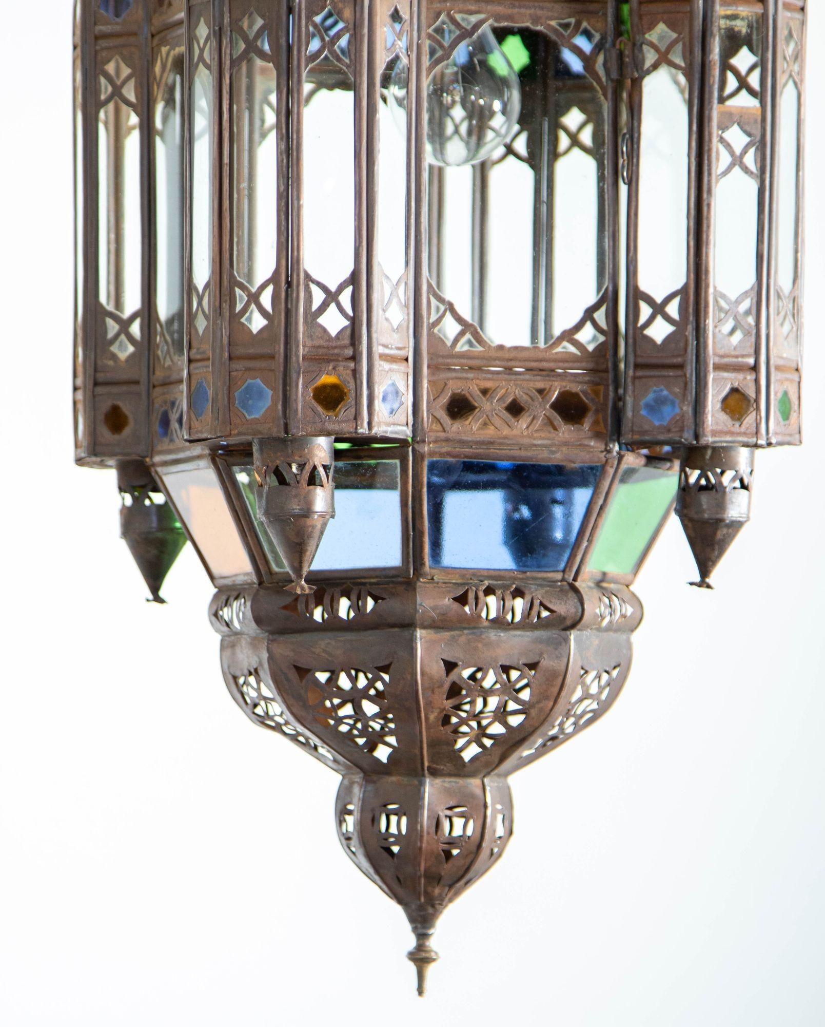 Vintage Moroccan Traditional Moorish Metal and Glass Lantern Ceiling Light For Sale 2