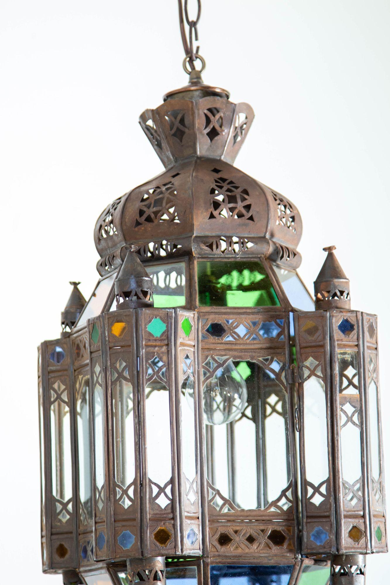 Vintage Moroccan Traditional Moorish Metal and Glass Lantern Ceiling Light For Sale 3