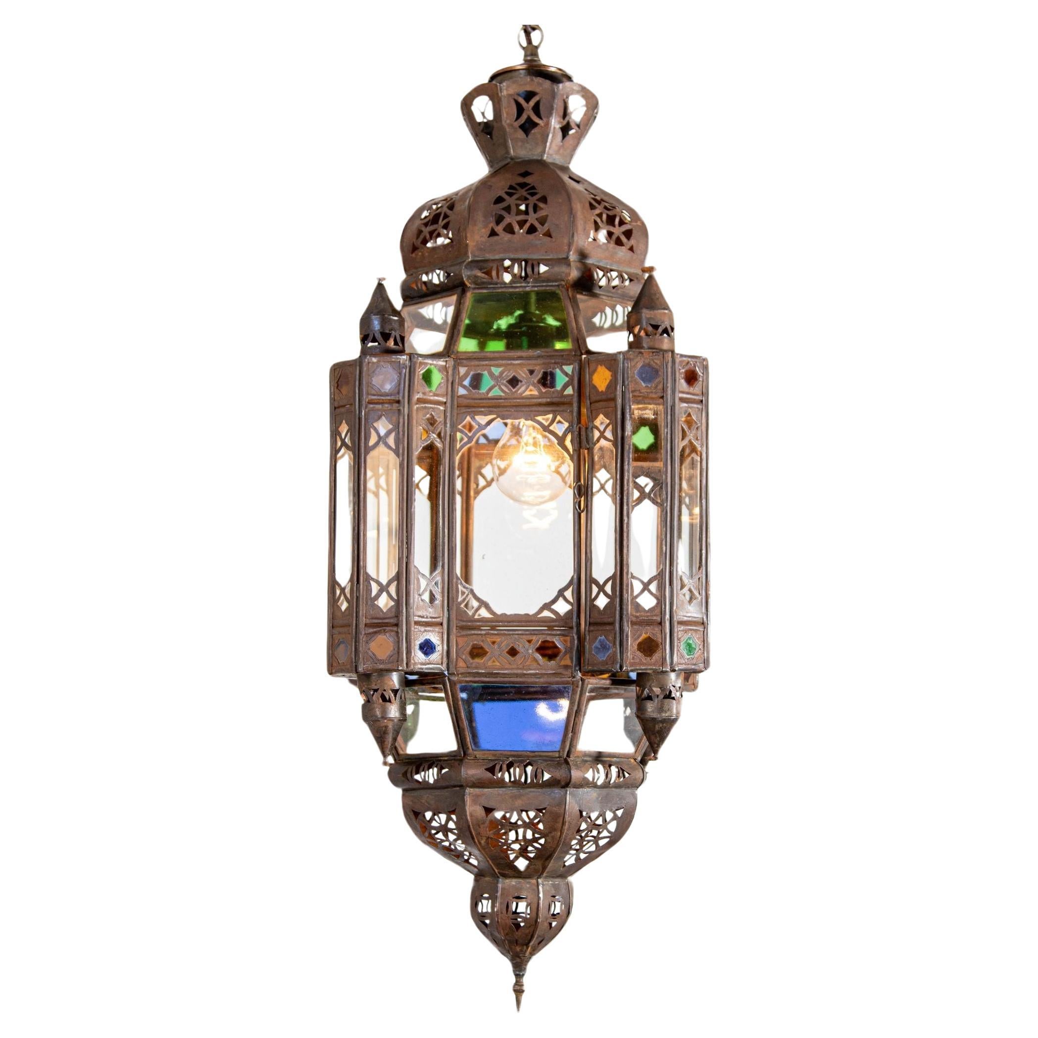 Vintage Moroccan Traditional Moorish Metal and Glass Lantern Ceiling Light For Sale