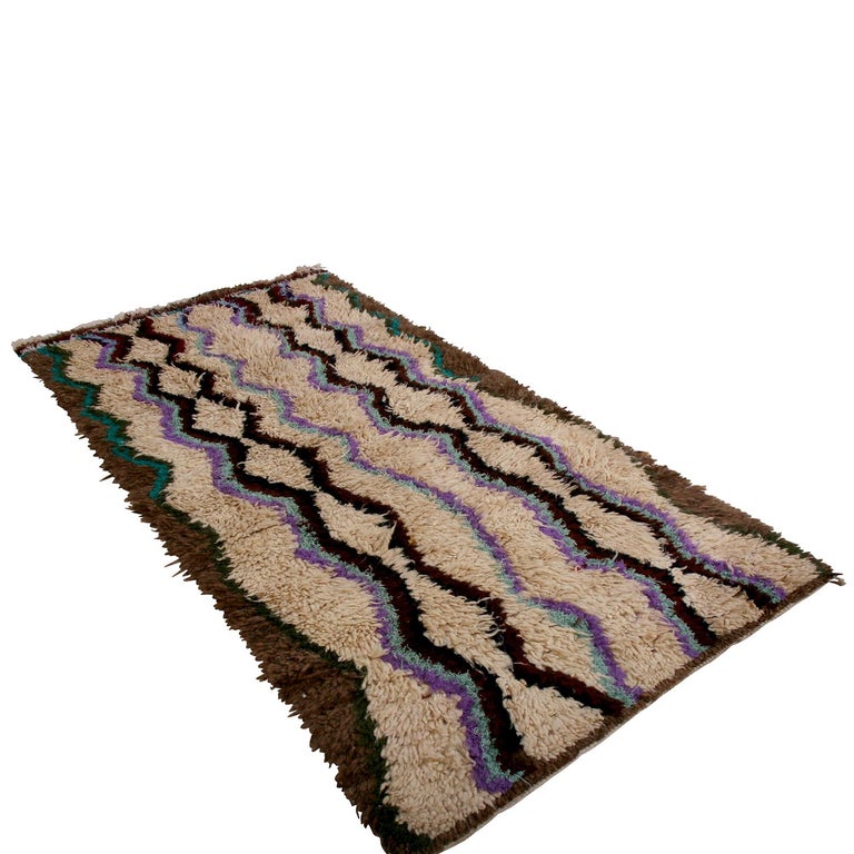 Vintage Moroccan Tribal Geometric Beige Brown and Blue Wool High Pile ...