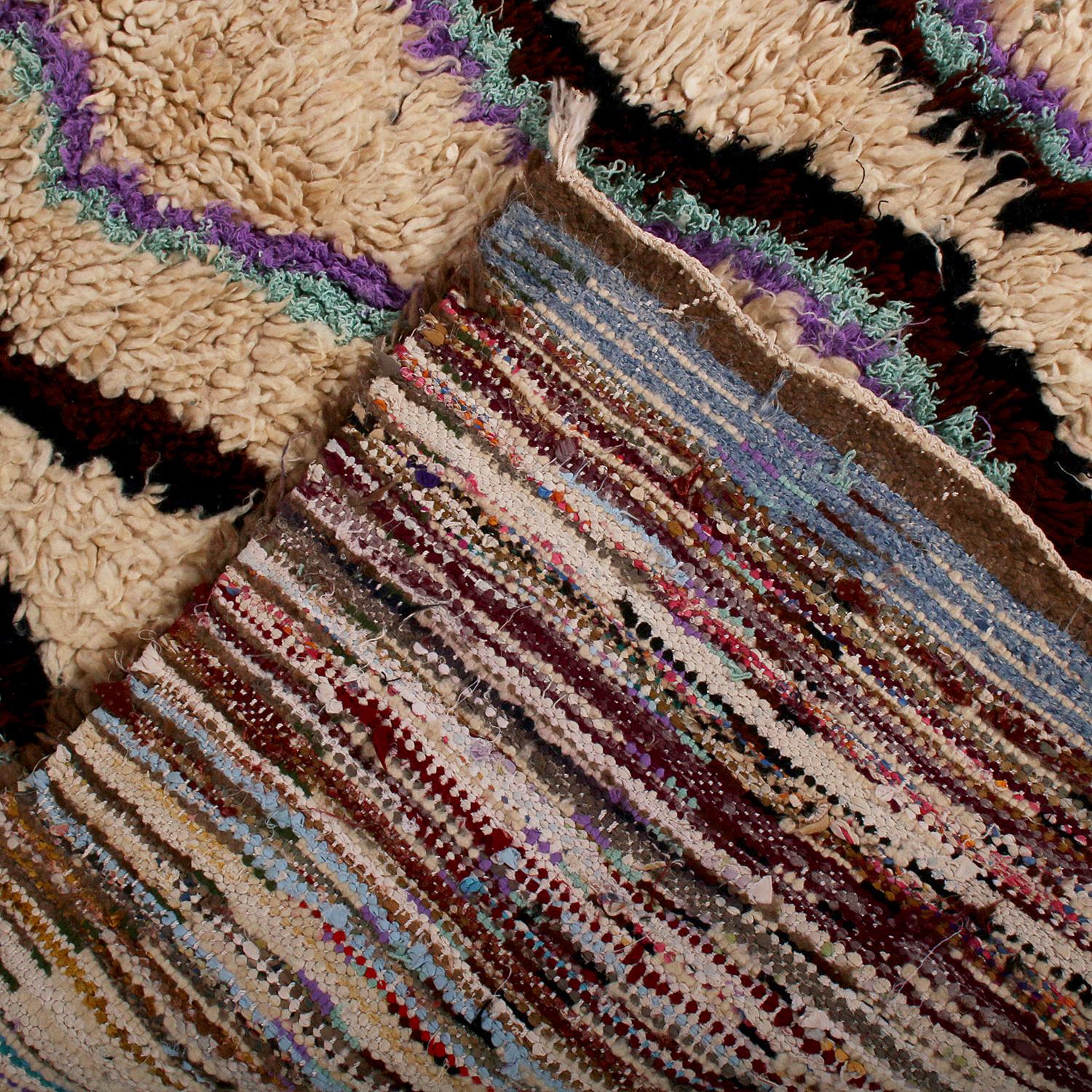 Mid-20th Century Vintage Moroccan Tribal Geometric Beige Brown and Blue Wool High Pile Rug