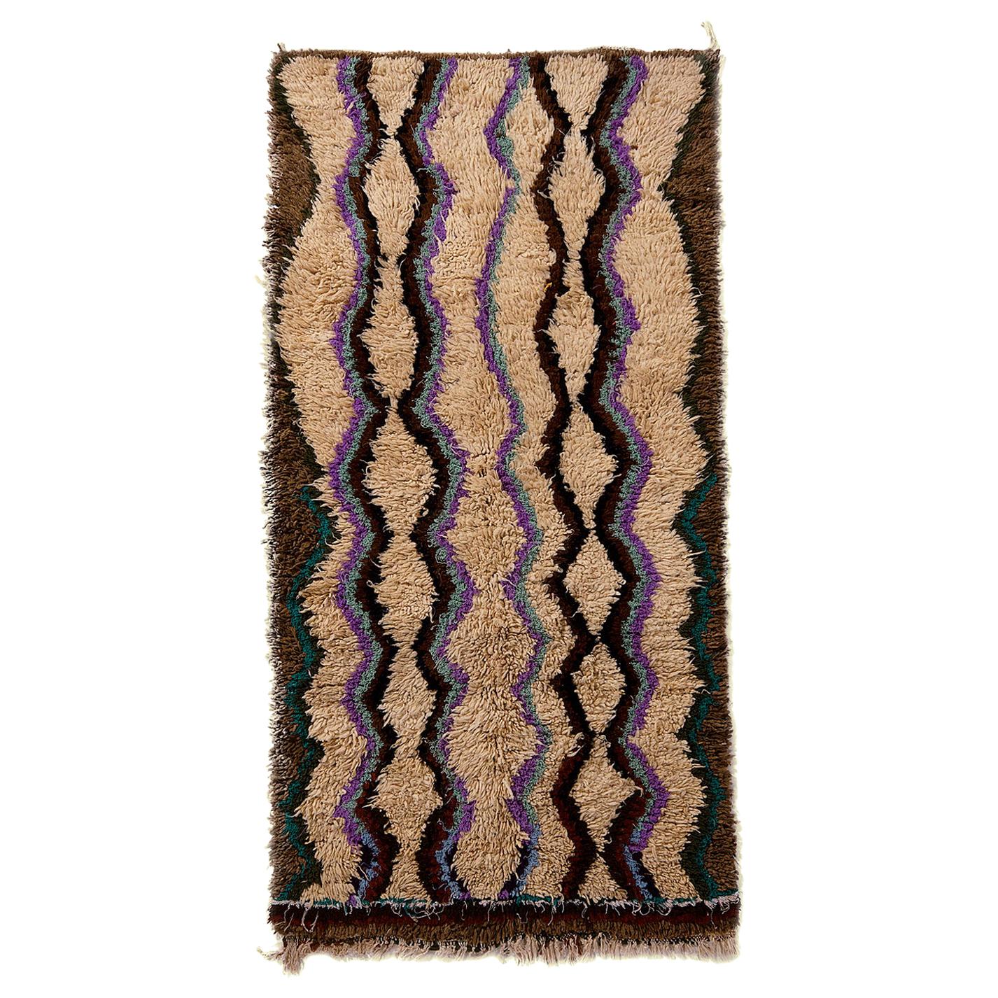 Vintage Moroccan Tribal Geometric Beige Brown and Blue Wool High Pile Rug