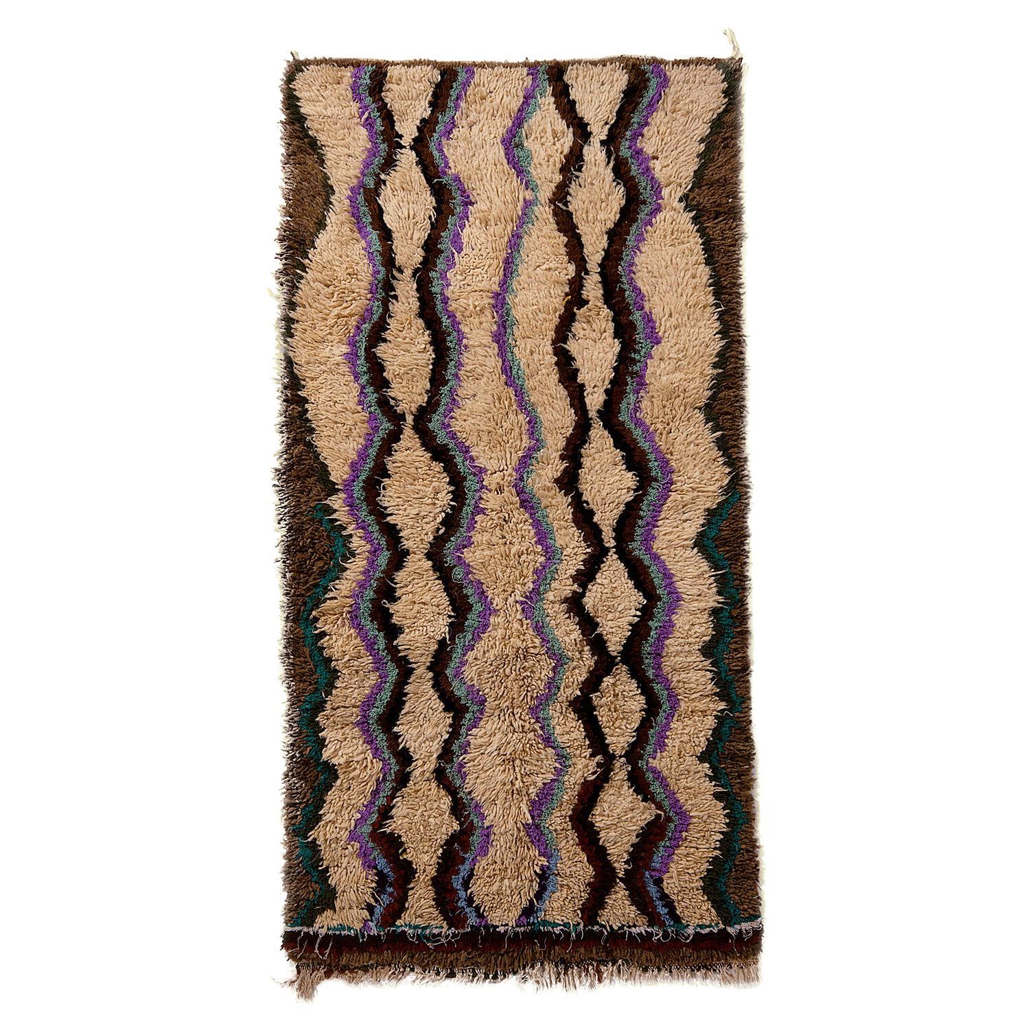 Vintage Tribal Geometric Beige Brown and Blue Wool High Pile Rug by Rug & Kilim For Sale