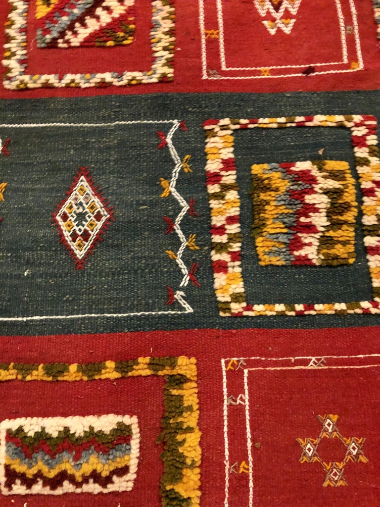 Vintage Moroccan Tribal Handmade Wool Blue and Red Small Rug or Carpet