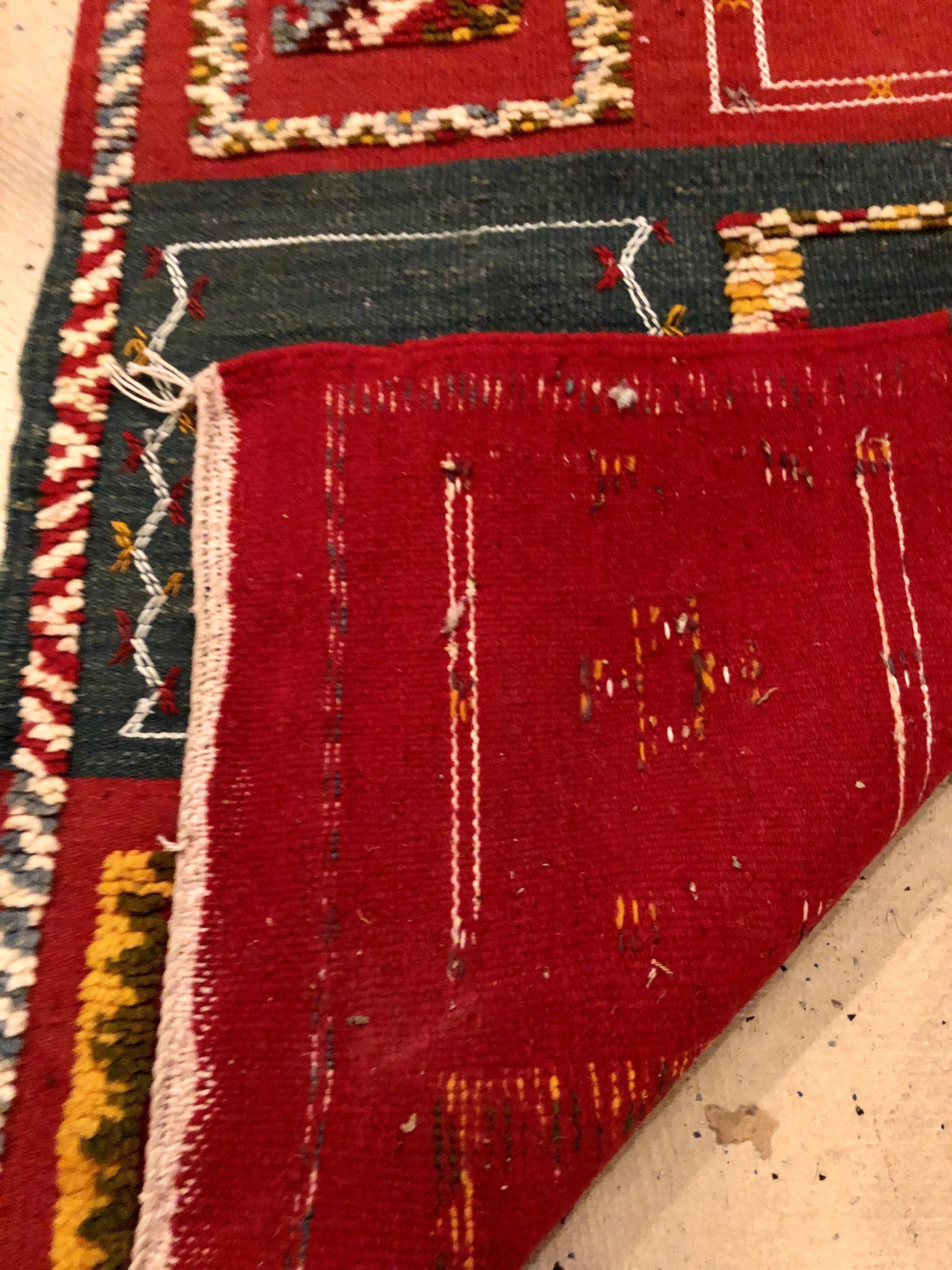 20th Century Vintage Moroccan Tribal Handmade Wool Blue and Red Small Rug or Carpet For Sale