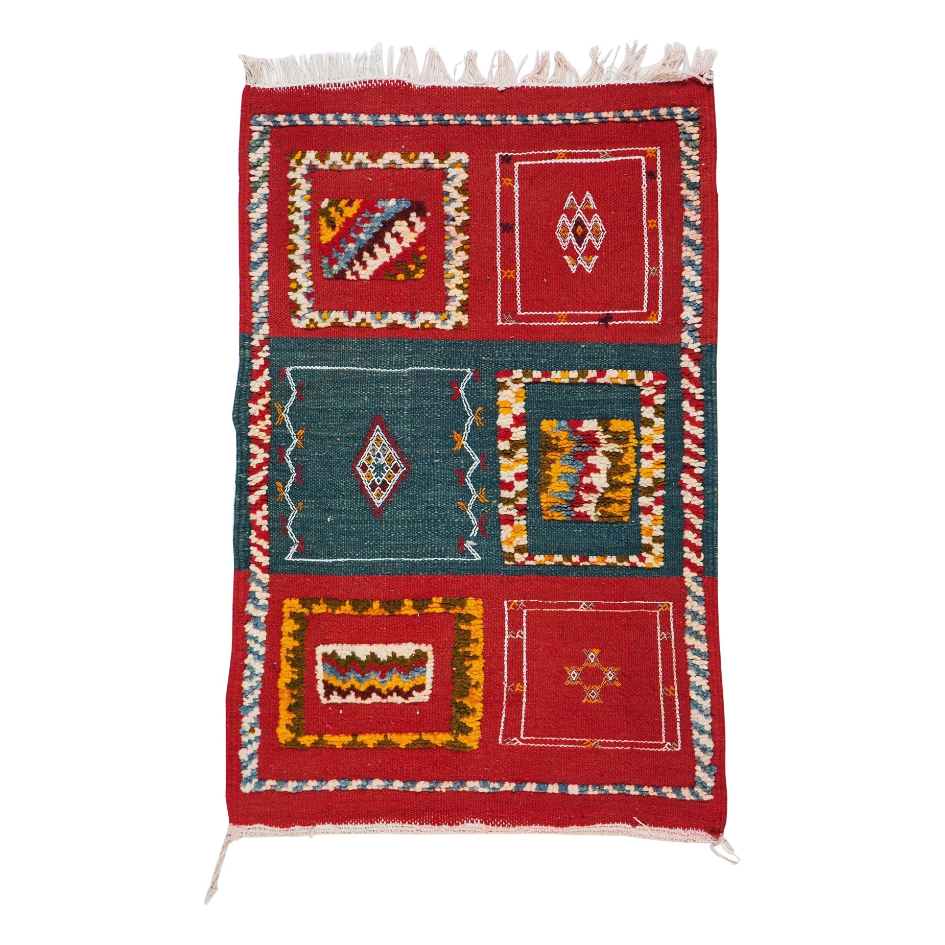 Tappeto tribale marocchino vintage fatto a mano in lana blu e rossa di piccole dimensioni