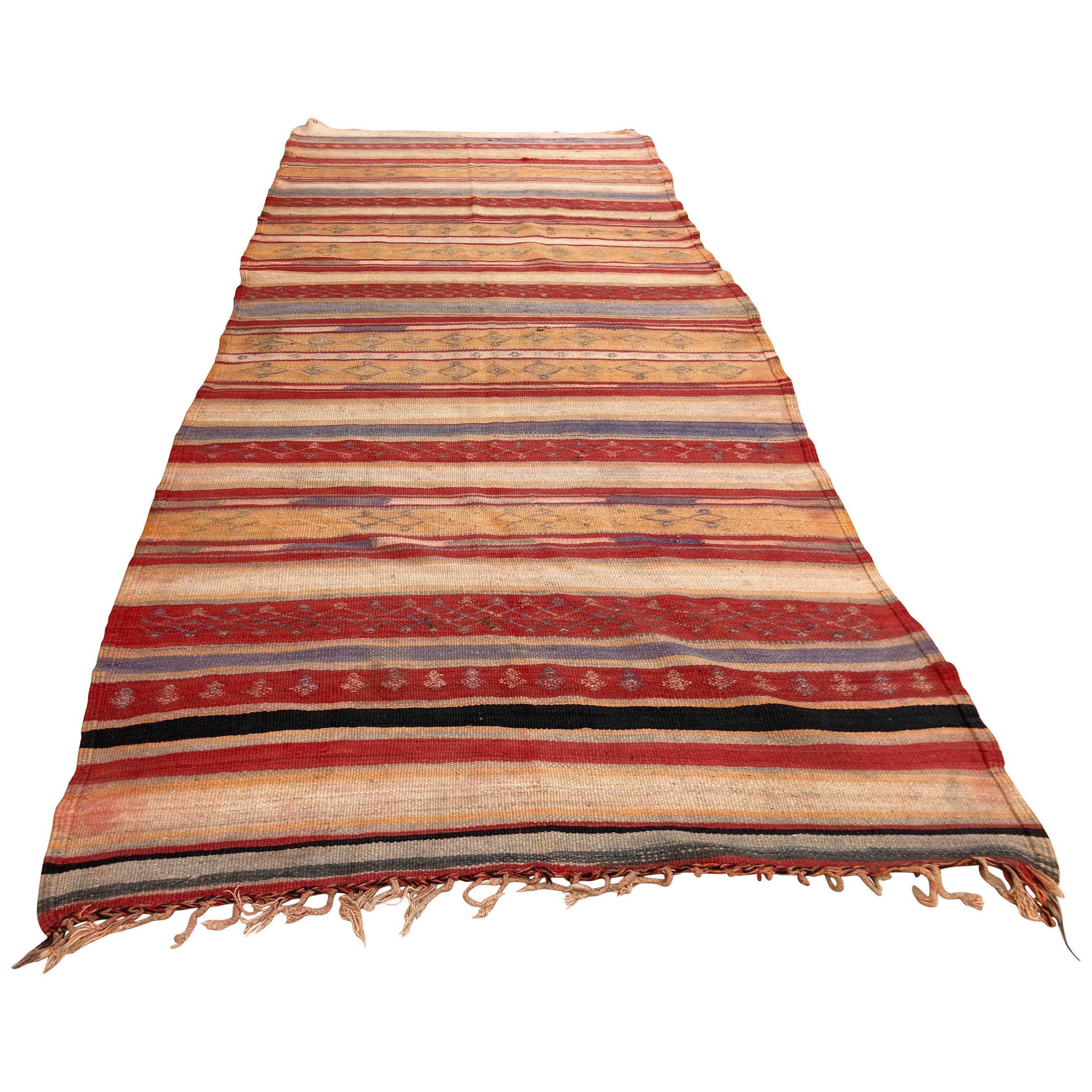1960s Moroccan Rug Ethnic Flat Hand-woven Kilim