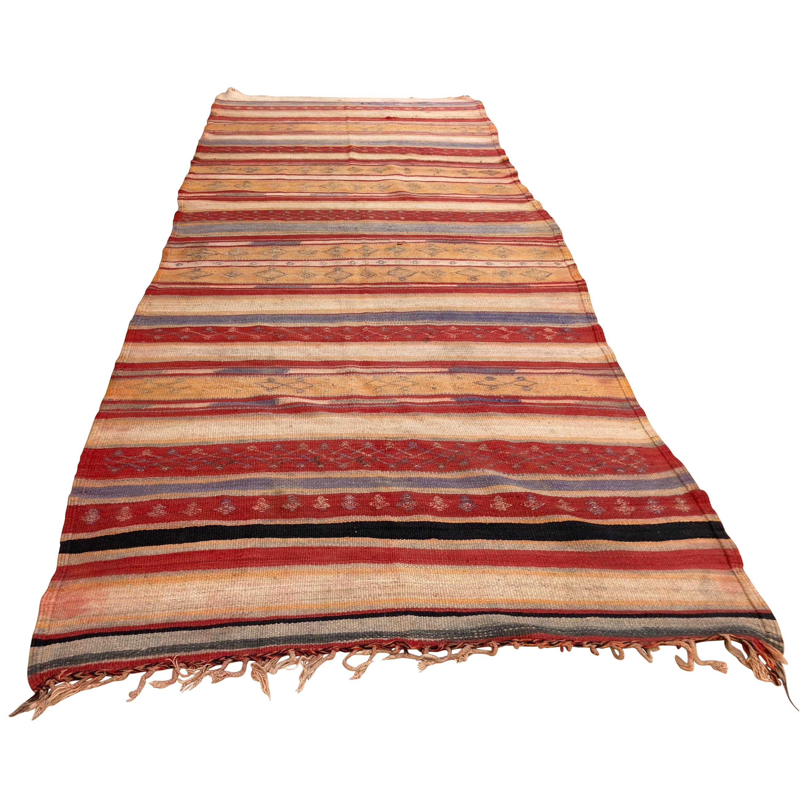 1960s Moroccan Rug Ethnic Flat Hand-woven Kilim  For Sale