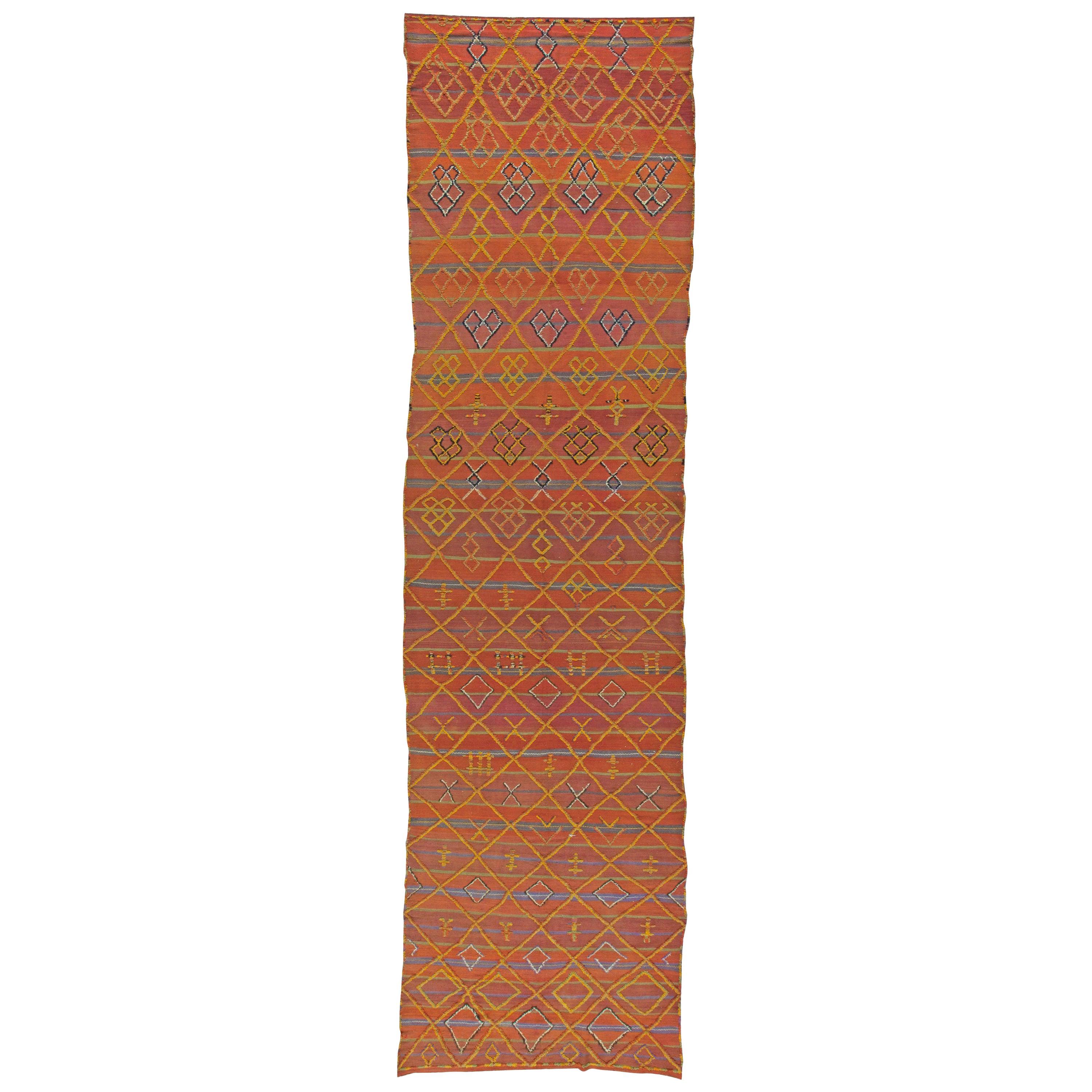 Blue Moroccan Rug with Orange Boxes For Sale at 1stDibs