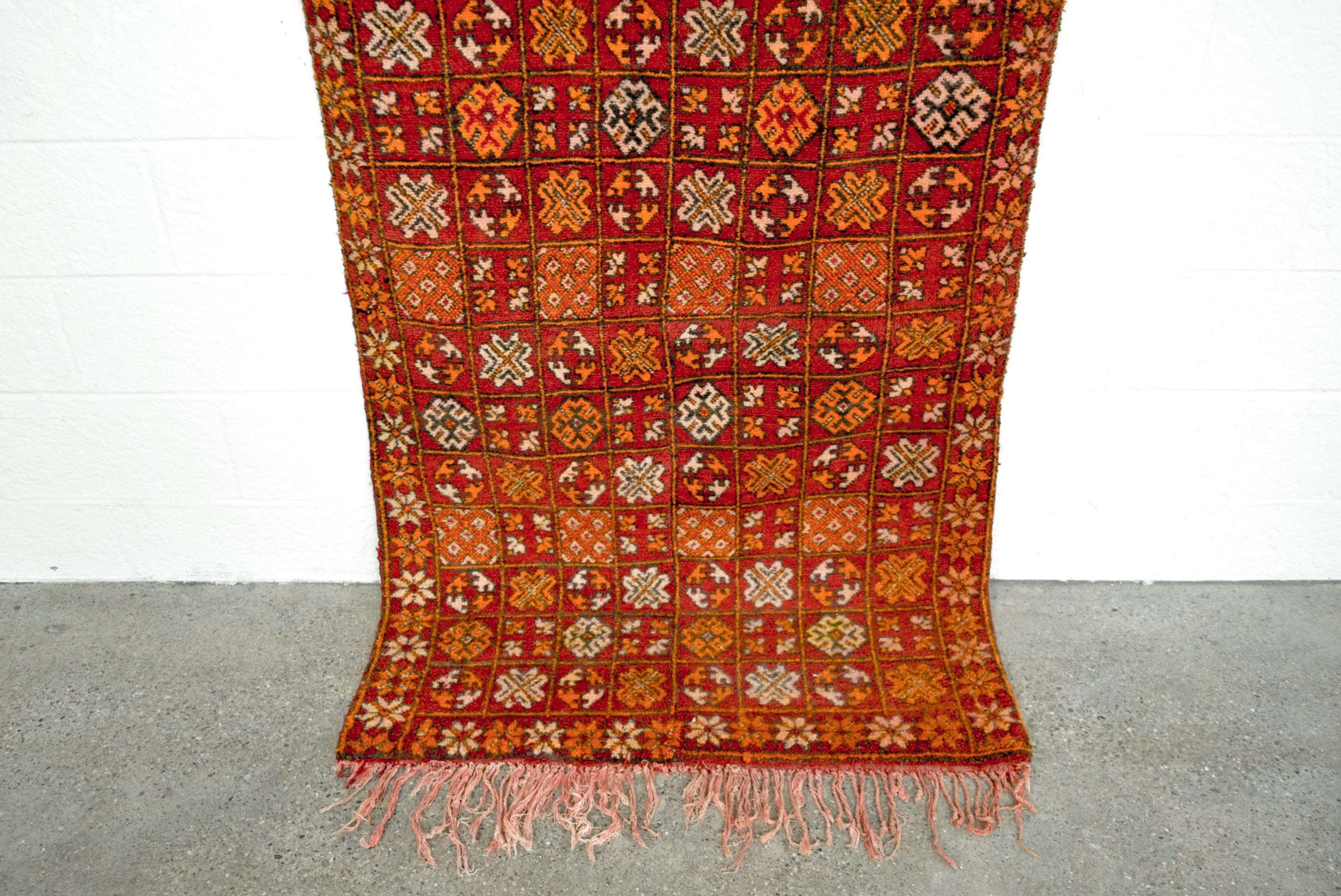 20th Century Vintage Moroccan Tribal Red Wool Floor Rug Runner  For Sale