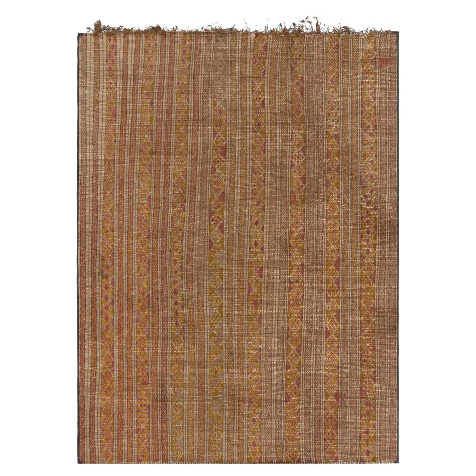 Vintage Moroccan Mat in Beige-Brown, Pink & Yellow Tribal Pattern by Rug & Kilim