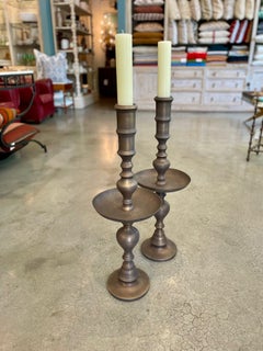 Vintage Moroccan Turned Brass Large Scale Candle Holders