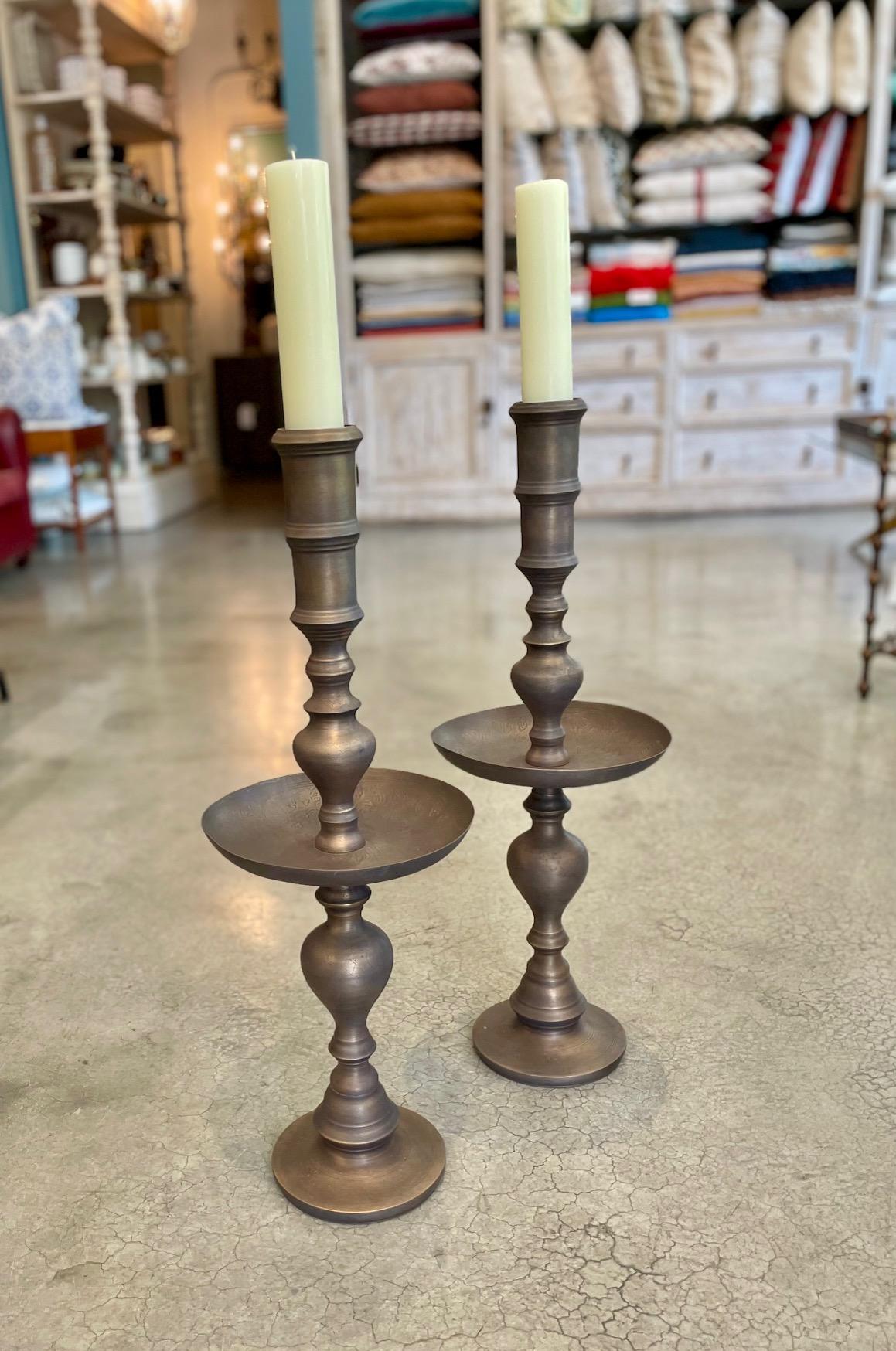 Vintage Moroccan Turned Brass Large Scale Candle Holders In Good Condition For Sale In Pasadena, CA