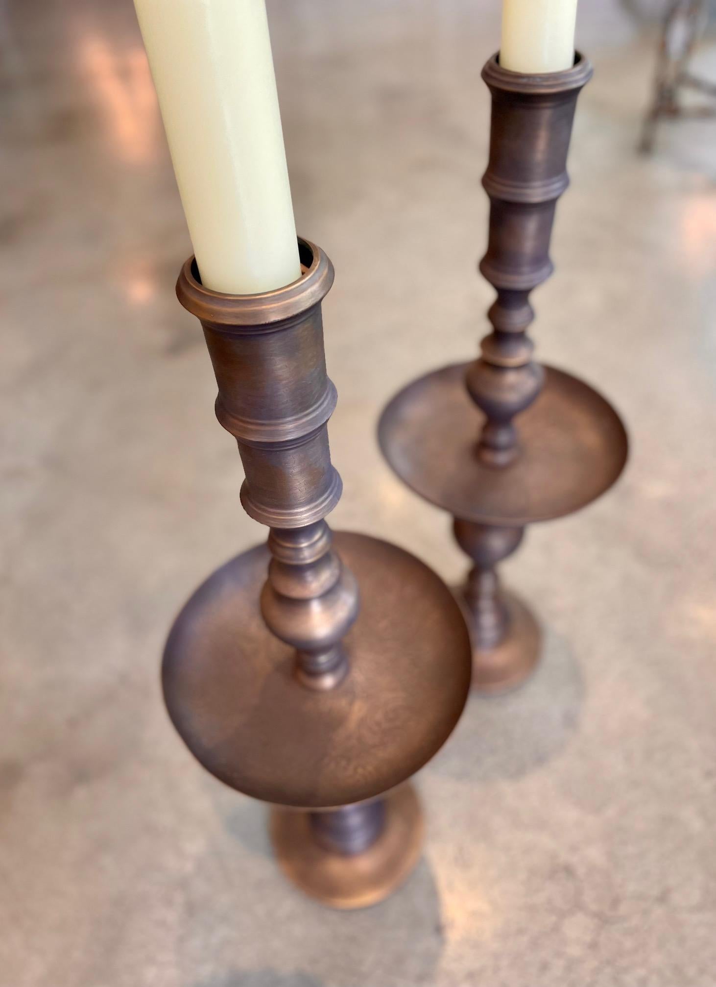 20th Century Vintage Moroccan Turned Brass Large Scale Candle Holders For Sale