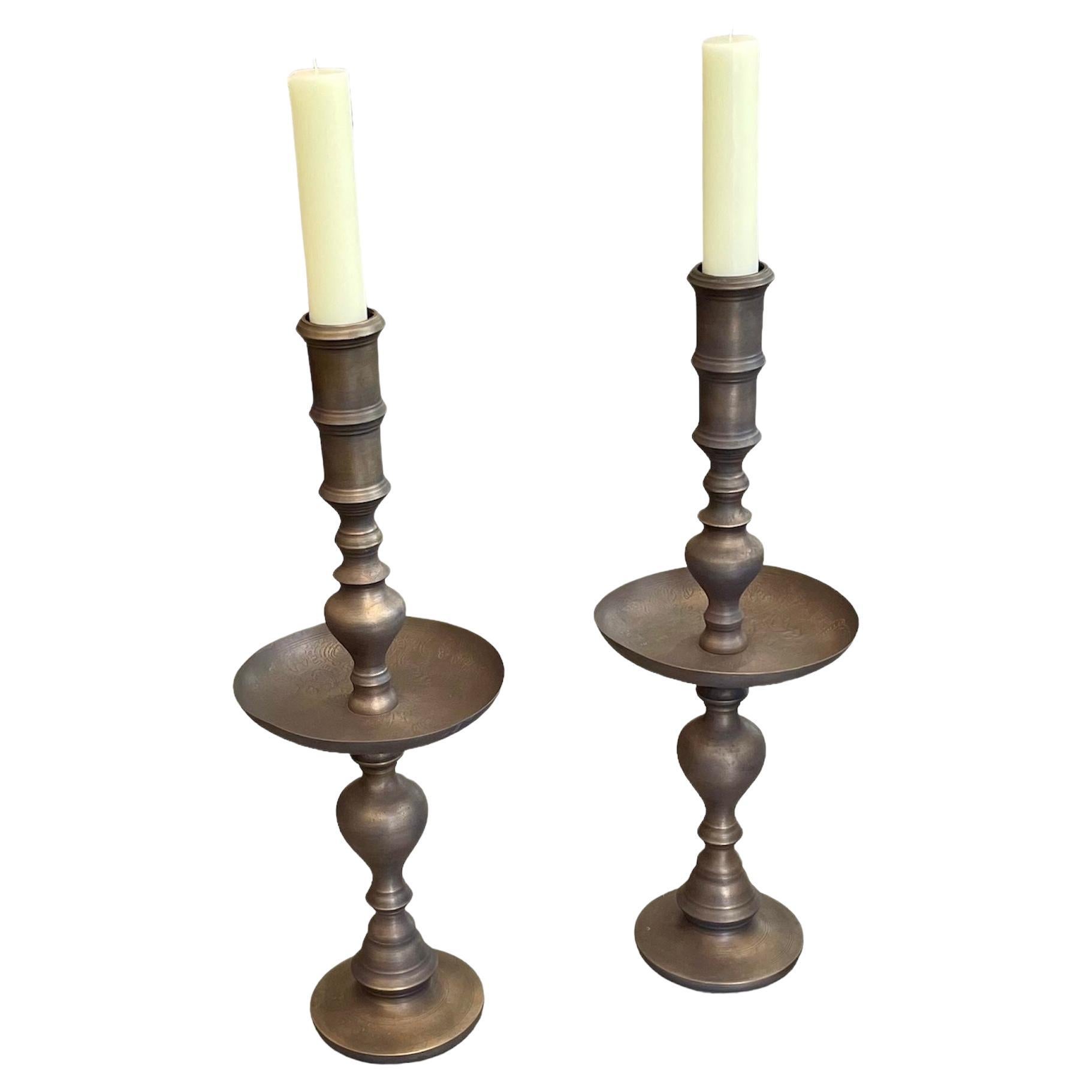 Vintage Moroccan Turned Brass Large Scale Candle Holders