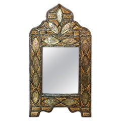 Vintage Moroccan Vanity or Wall Mirror Arched in Brass and Orange Natural Bone