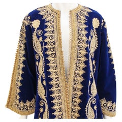 Vintage Moroccan Velvet Kaftan Blue and Gold Embroidered Caftan 1960's