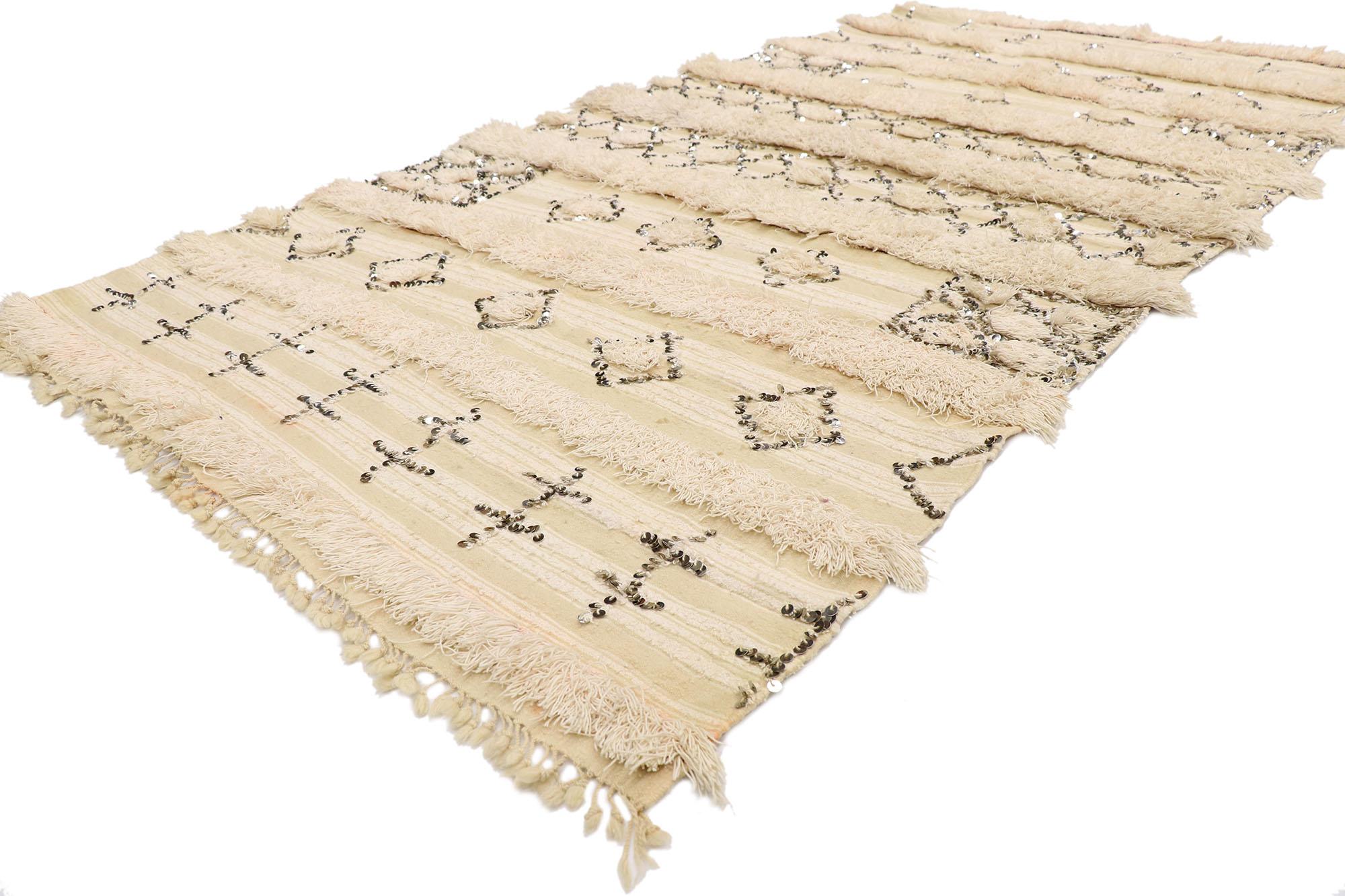 21546 Vintage Moroccan Wedding Blanket, Berber Handira 03'10 x 07'07. This handwoven wool vintage Moroccan Wedding Blanket also known as a Berber Tamizart Handira features rows of fluffy fringe composed of diamonds, cross motifs, and lozenge lattice
