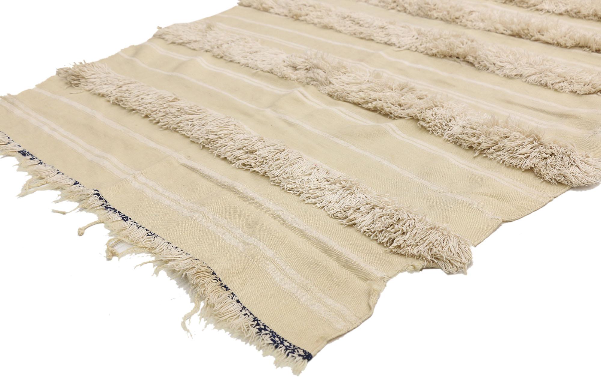 20824, vintage Moroccan wedding blanket, Berber Handira Tamizart. This handwoven wool vintage Moroccan wedding blanket also known as a Berber Handira features rows of fluffy fringe embellished with accent colors. The underside of this vintage