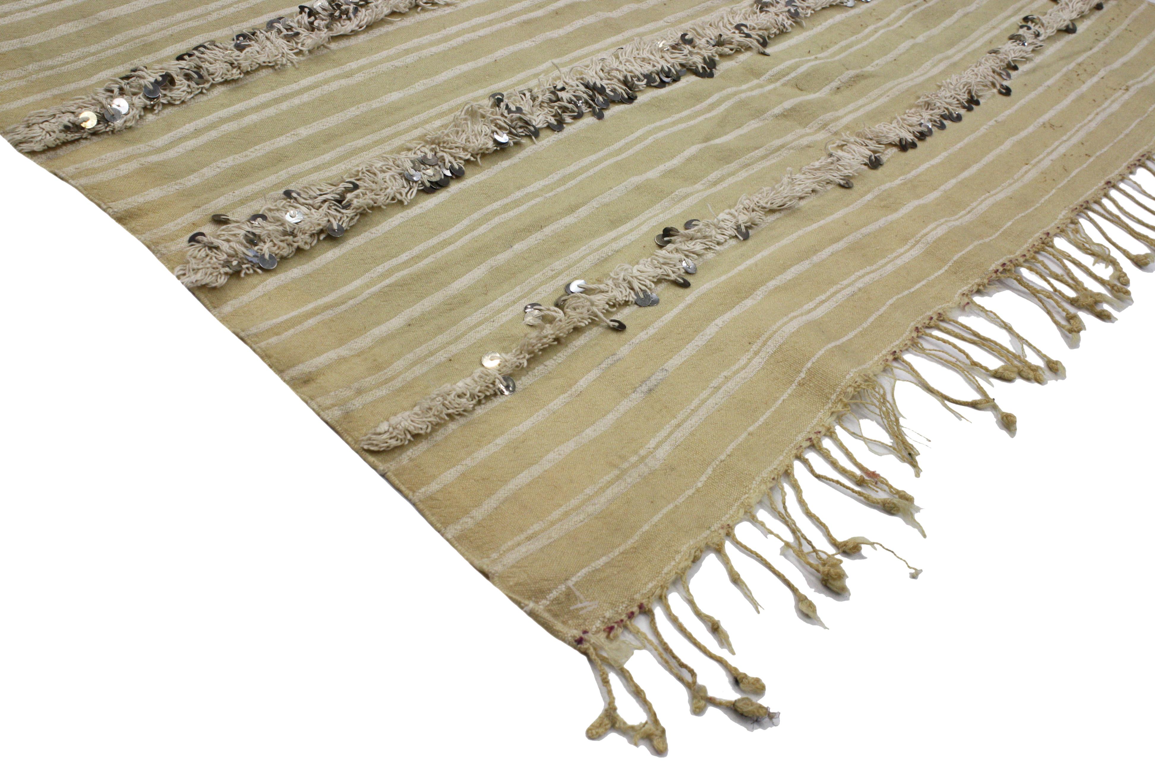    20326 Vintage Moroccan Wedding Blanket, Berber Handira Tamizart 03'01 x 5'00. This handwoven wool vintage Moroccan Wedding Blanket also known as a Berber Handira features rows of fluffy fringe embellished with paillette sequins. Generally woven