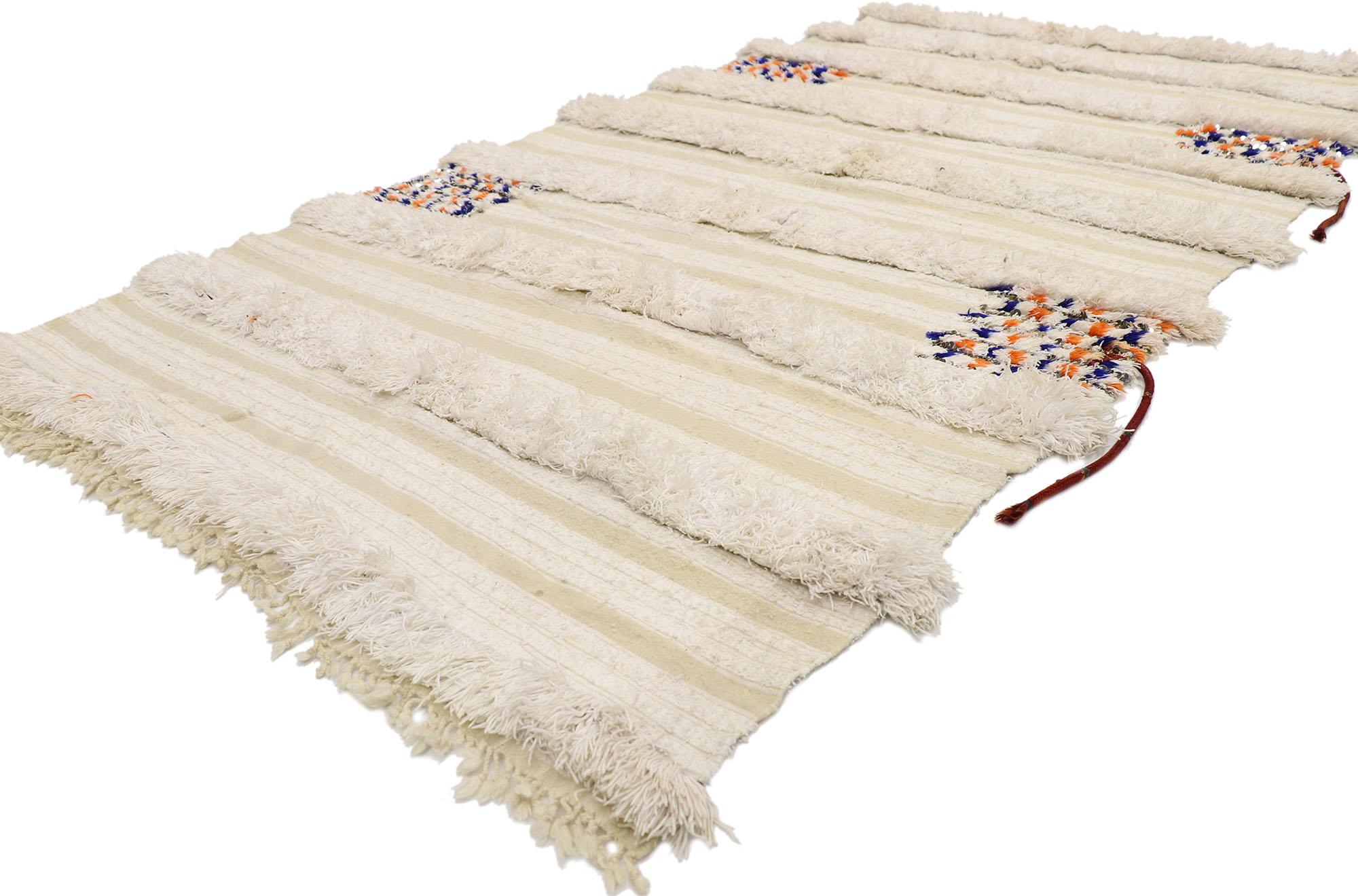 21547 Vintage Moroccan Wedding Blanket with Original Cape Ties, 04'00 x 07'06. This handwoven wool vintage Moroccan Wedding Blanket also known as a Berber Tamizart Handira features rows of fluffy fringe and four square embellished with paillette