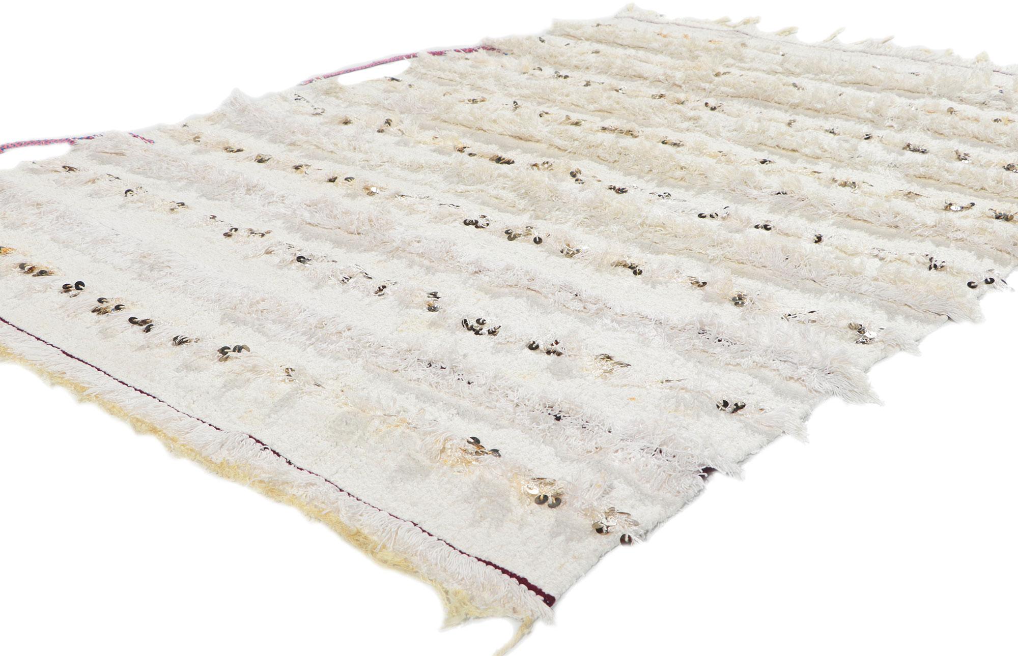 78403 vintage Moroccan wedding blanket, 04'03 x 06'06. This handwoven wool vintage Moroccan Wedding Blanket also known as a Berber Tamizart Handira features rows of fluffy fringe decorated with paillette sequins. The underside of this vintage
