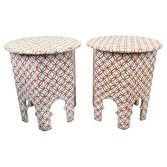 Vintage Moroccan White, Blue & Orange Hand-painted Side or End Table, a Pair