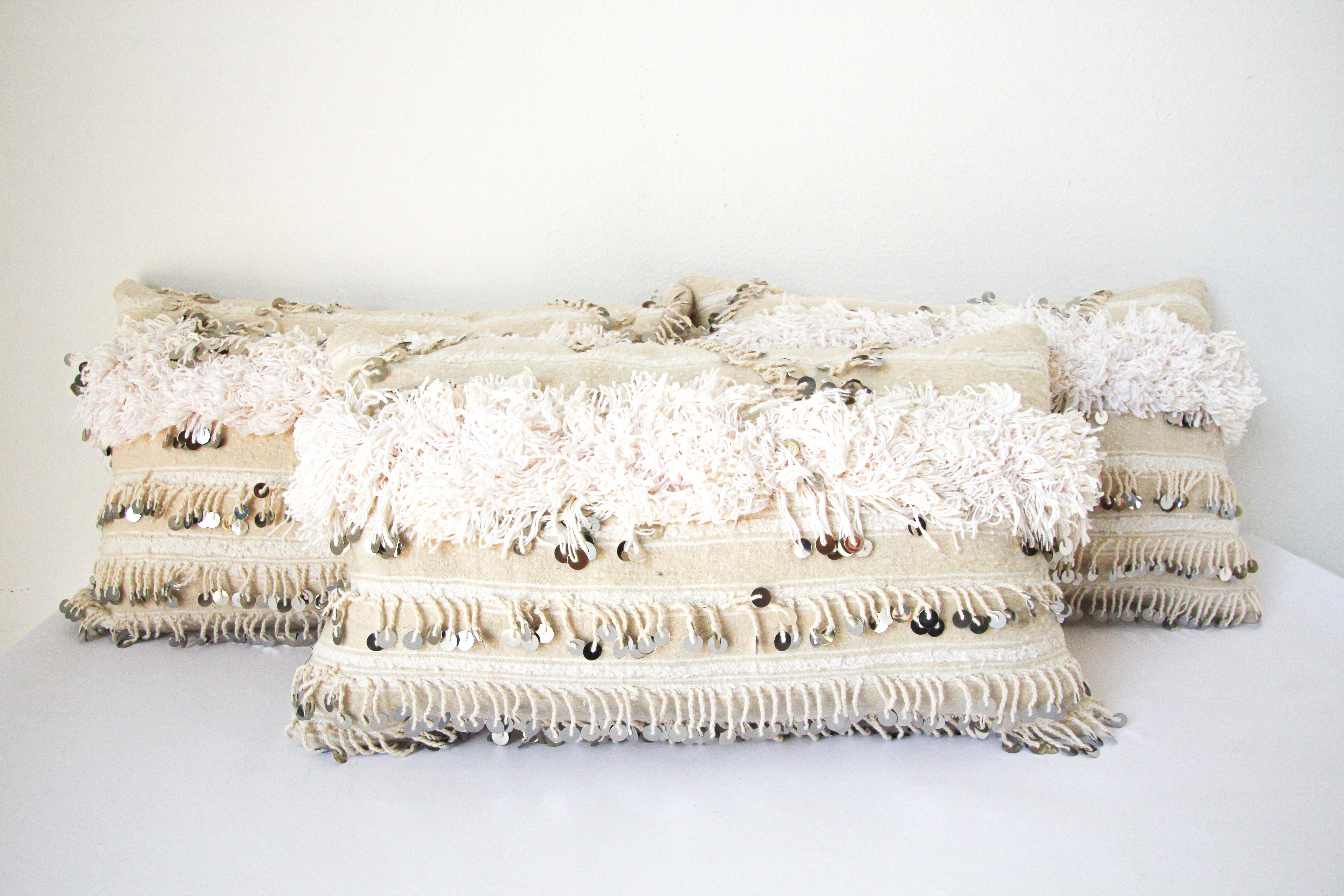 Vintage Moroccan White Pillow with Silver Sequins and Long Fringes For Sale 6